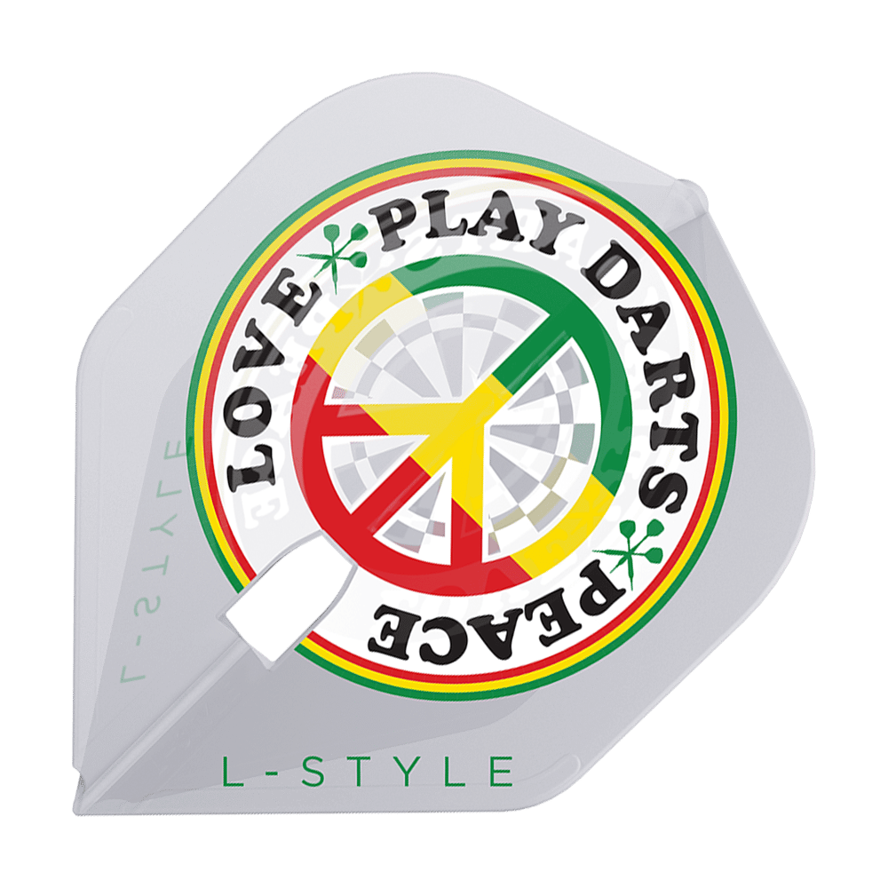 Das Bild zeigt einen weißen Dartflight mit einem farbenfrohen Kreisdesign und der Aufschrift "LOVE PEACE PLAY DARTS". Unten steht in grüner Schrift "L-STYLE".