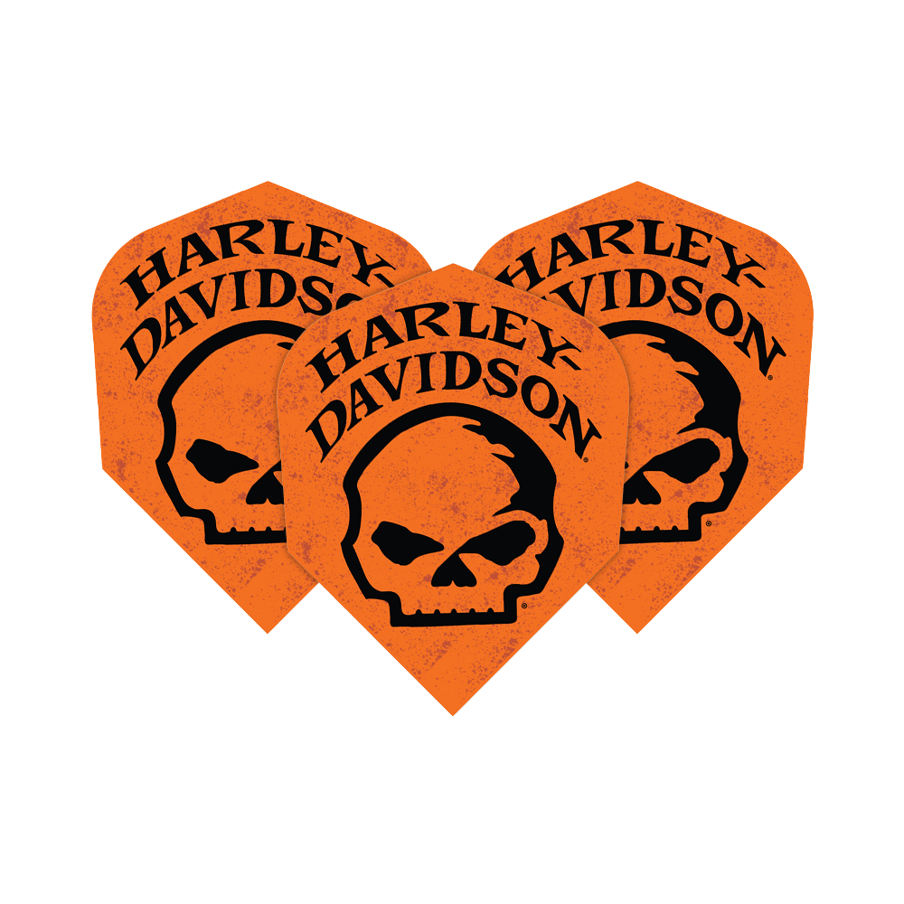 Das Bild zeigt drei orangefarbene Flights mit dem Harley-Davidson Schriftzug und einem Totenkopf-Logo. Die Flights sind im "Willie G Orange No2 Standard" Design gestaltet.