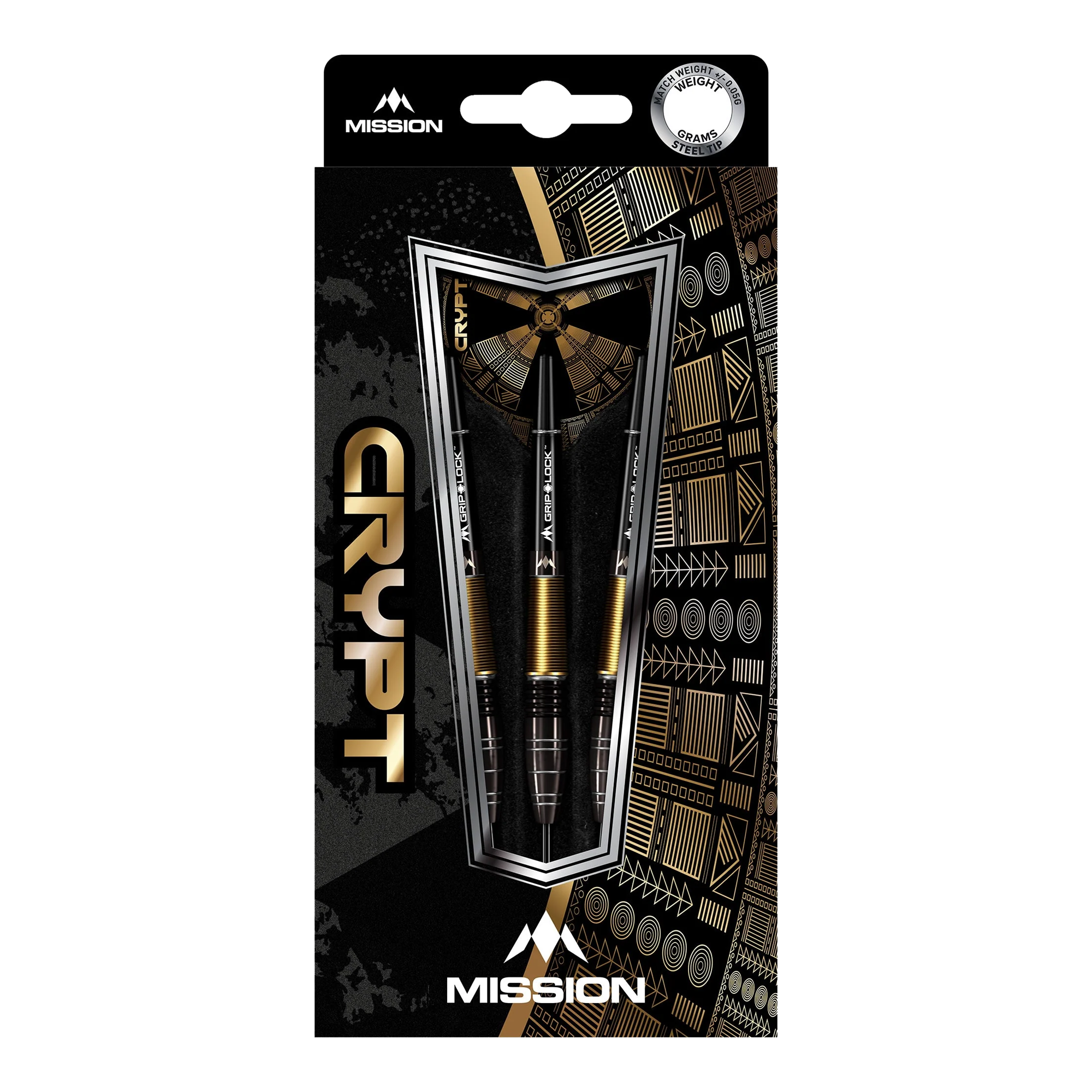 Mission Crypt Model 1 Steeldarts - 22g Die Abbildung zeigt die Verpackung der "Mission Crypt Model 1 Steeldarts - 22g". Drei schwarze und goldene Steeldarts sind in einer stilvollen Box mit geometrischen Mustern angeordnet.