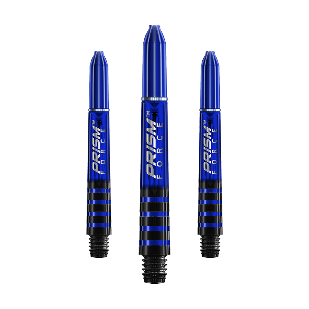 Das Bild zeigt drei blaue Dart-Schäfte mit der Aufschrift "PRISM FORCE". Sie haben schwarze Streifen am unteren Ende und sind in der Mitte des Bildes ausgerichtet.