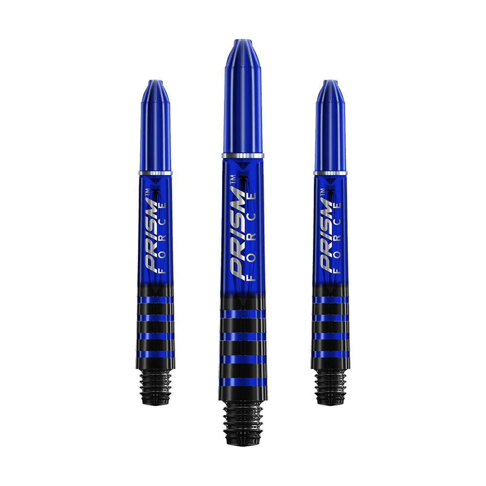 7020-103_Winmau_Prism_Force_Shafts_Blau_35mm_1 Das Bild zeigt drei blaue Dart-Schäfte mit der Aufschrift "PRISM FORCE". Sie haben schwarze Streifen am unteren Ende und sind in der Mitte des Bildes ausgerichtet.