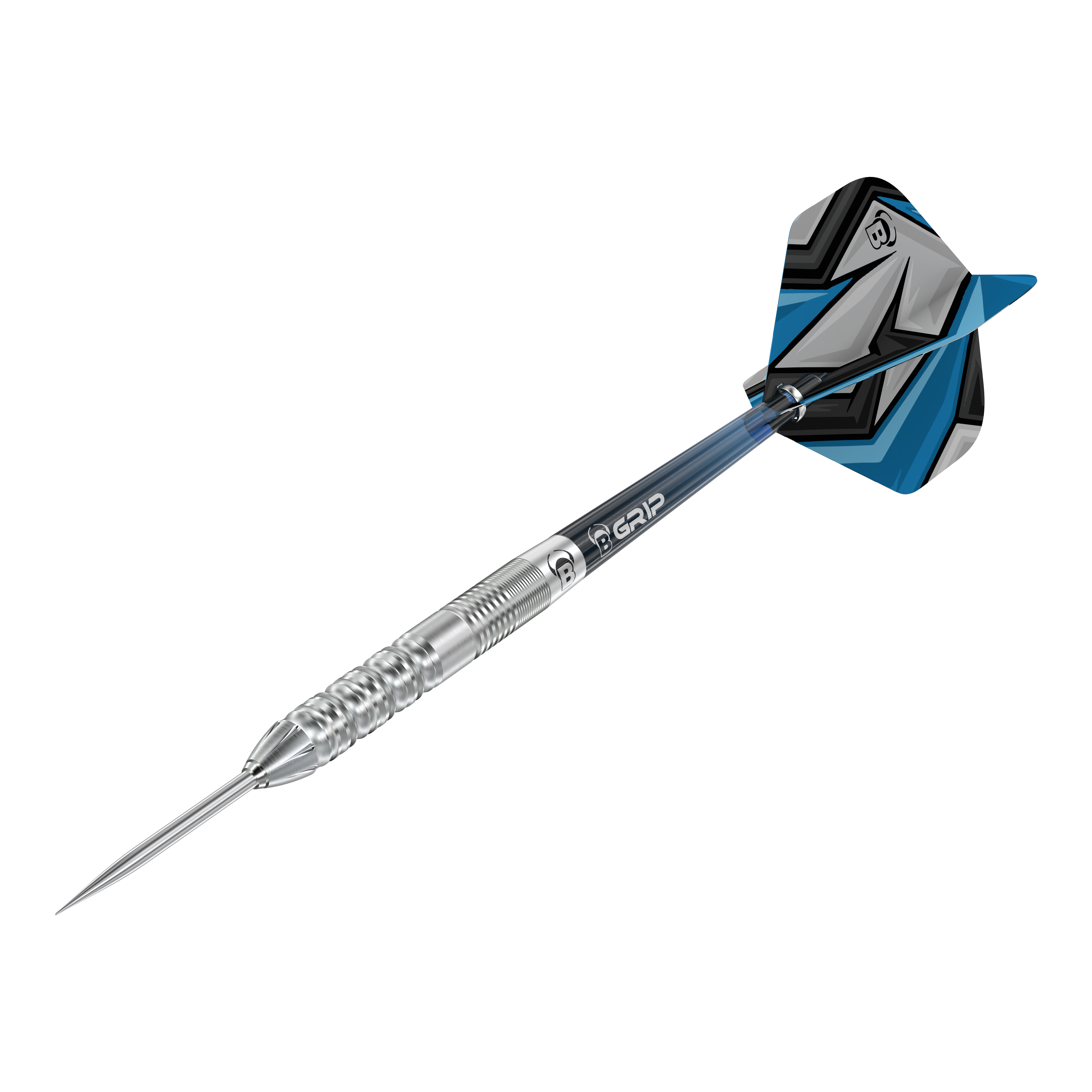 Das Bild zeigt einen Bulls Stone S2 Steeldartpfeil mit silberner Spitze und Riffelung für besseren Halt. Das Flight-Design ist in Blau, Schwarz und Grau gehalten.