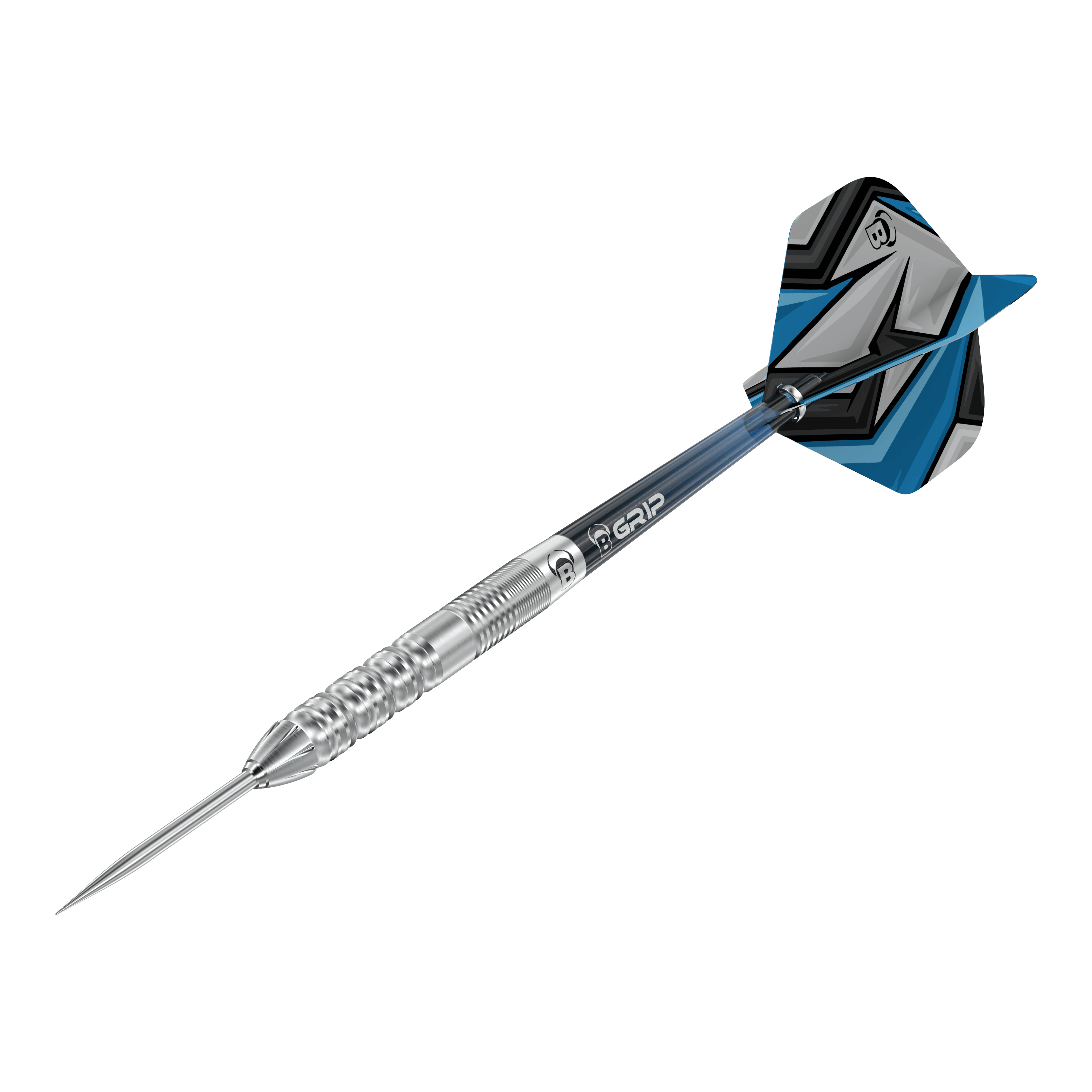 Bulls Stone S2 Steeldarts Das Bild zeigt einen Bulls Stone S2 Steeldartpfeil mit silberner Spitze und Riffelung für besseren Halt. Das Flight-Design ist in Blau, Schwarz und Grau gehalten.