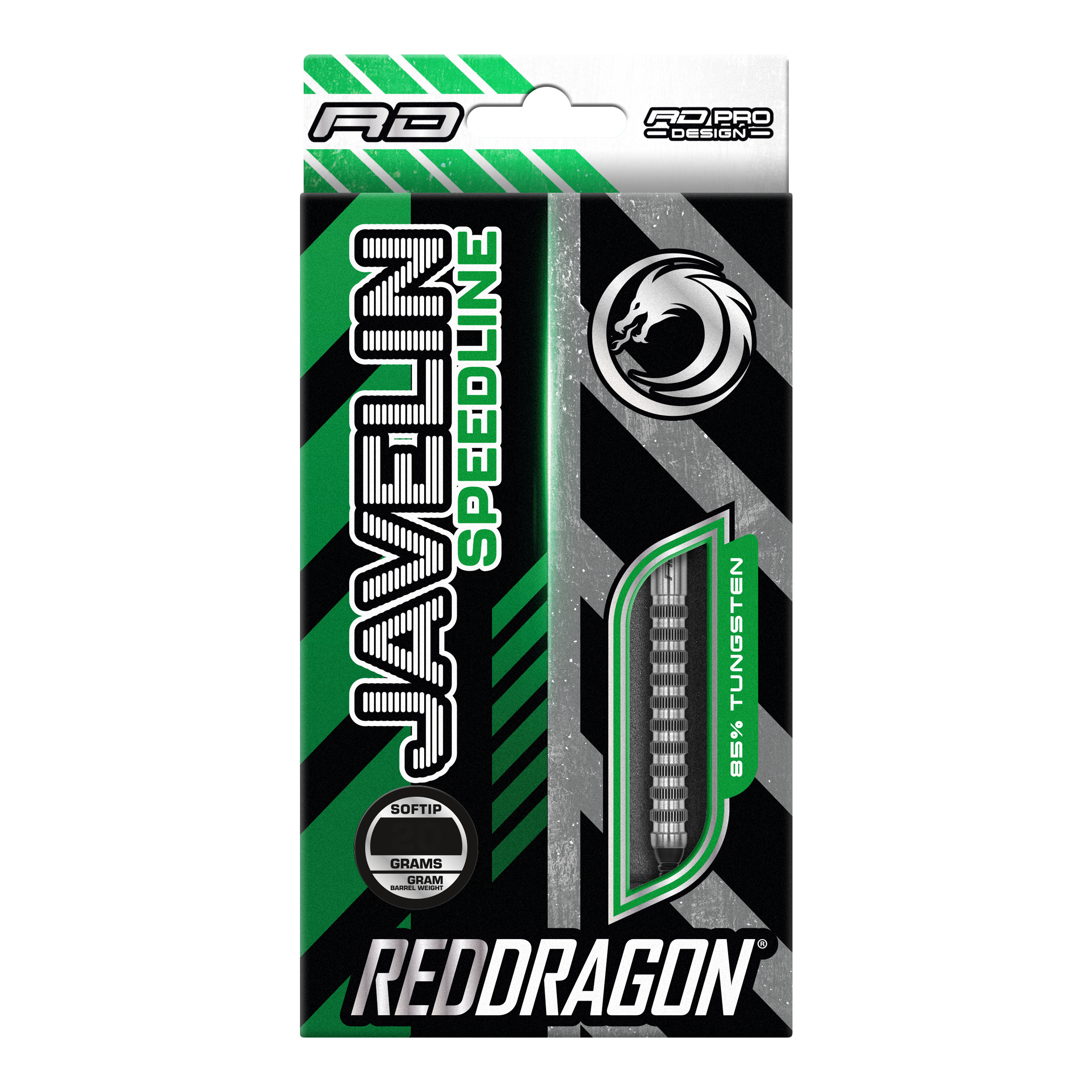 Red Dragon Javelin Speedline Softdarts - 20g Die Verpackung zeigt die "Red Dragon Javelin Speedline Softdarts" mit 20 Gramm Gewicht. Das Design ist grün, schwarz und silbern und hebt 85% Tungsten hervor.