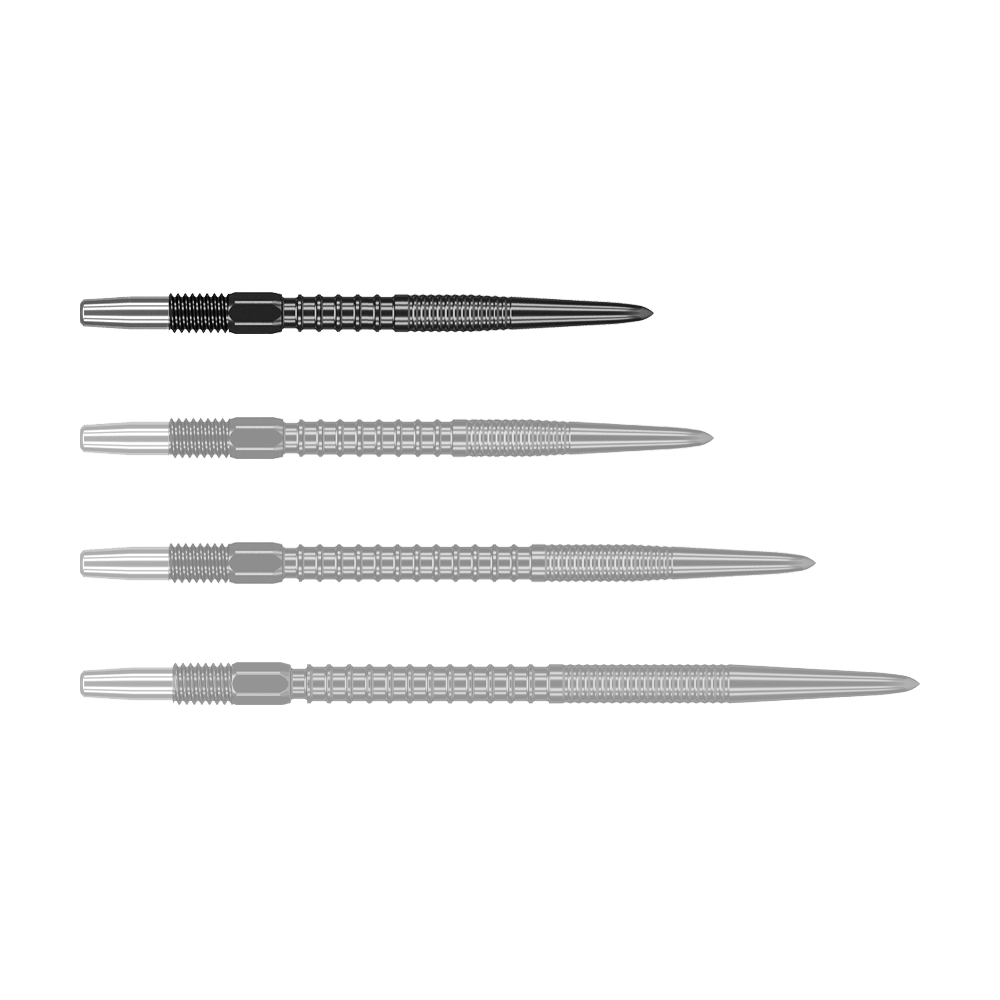 Target Swiss Firepoint Black Dartspitzen Auf dem Bild sind vier schwarze Dartspitzen in einer Reihe zu sehen. Sie sind aus Metall und haben ein modernes, gerilltes Design.