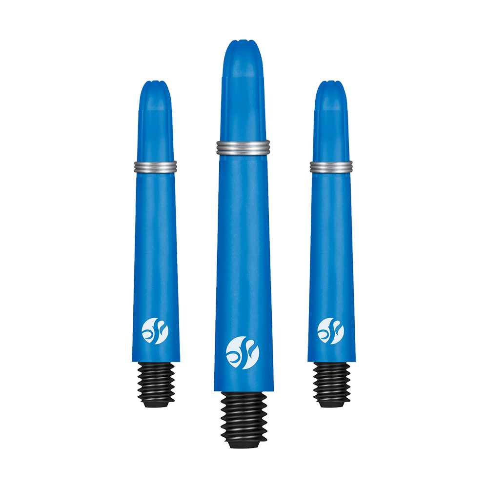 Shot Koi Carbon Shafts - Blau Auf dem Bild sind drei blaue Dartschäfte in unterschiedlicher Länge zu sehen. Sie bestehen aus Carbon und haben schwarze Gewinde sowie silberne Ringe.