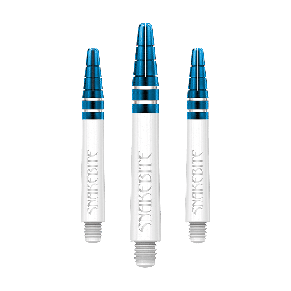 Das Bild zeigt drei Dartschäfte in Weiß und Blau mit der Aufschrift "Snakebite". Es handelt sich um die Red Dragon Nitrotech Peter Wright Blue Shafts mit einer Länge von 39 mm.