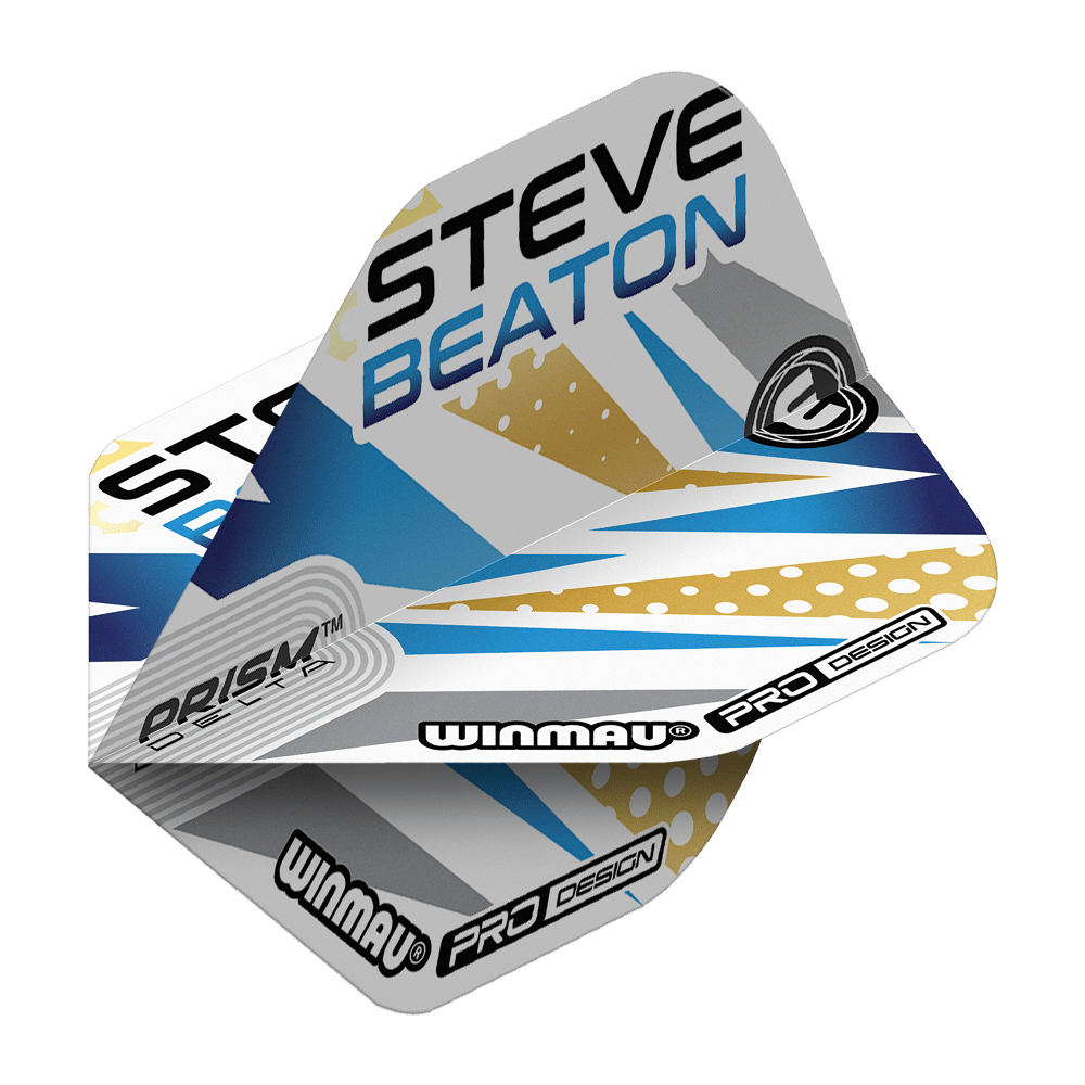 Das Bild zeigt die Winmau Prism Delta Steve Beaton No2 Standard Flights. Die Flights sind mit blauen, goldenen und grauen Mustern sowie dem Namen "Steve Beaton" gestaltet.