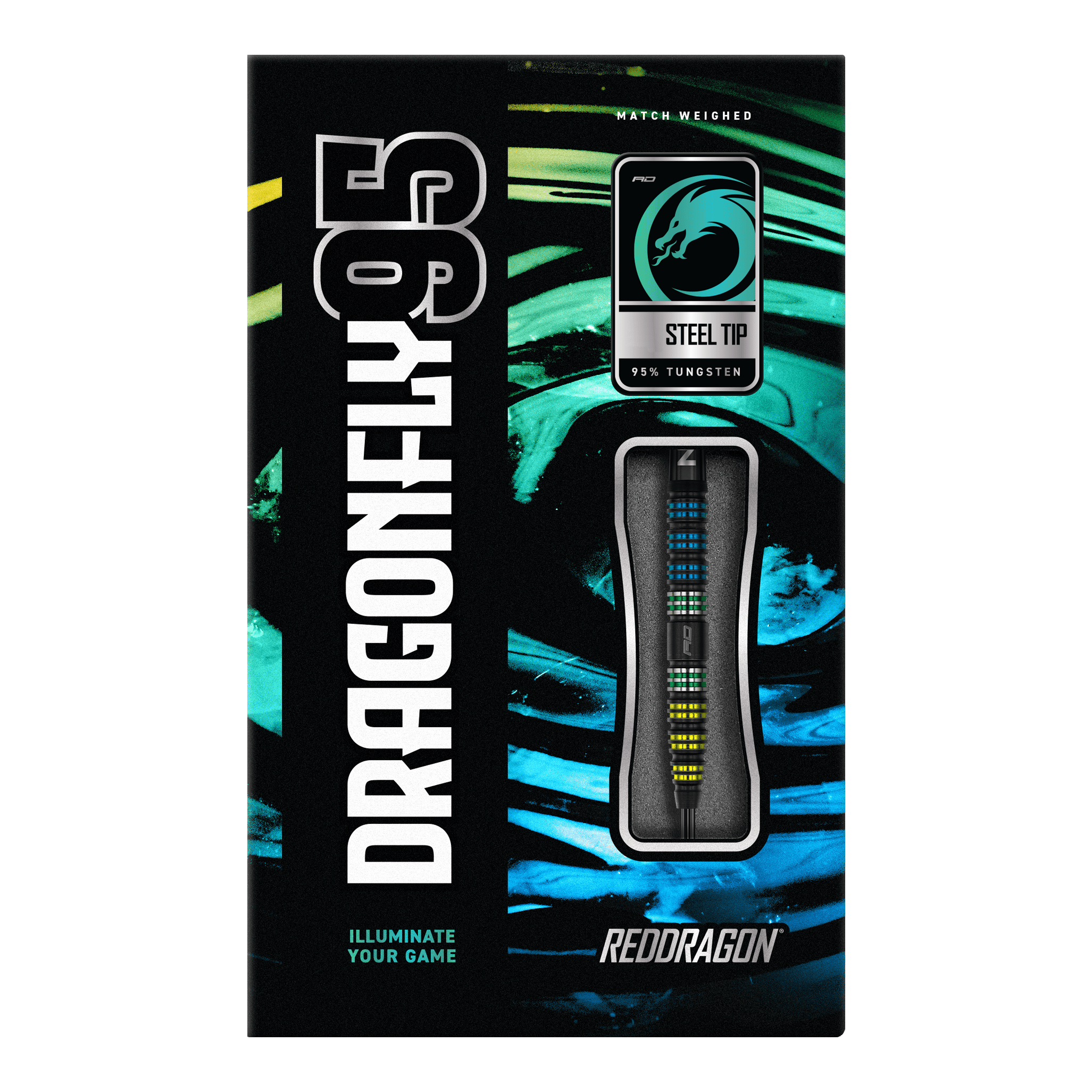 Auf dem Bild ist die Verpackung der "Red Dragon Dragonfly 95 Black Tapered Steeldarts" zu sehen. Die Schachtel hebt das Design der Darts sowie den Schriftzug und die Materialien hervor.
