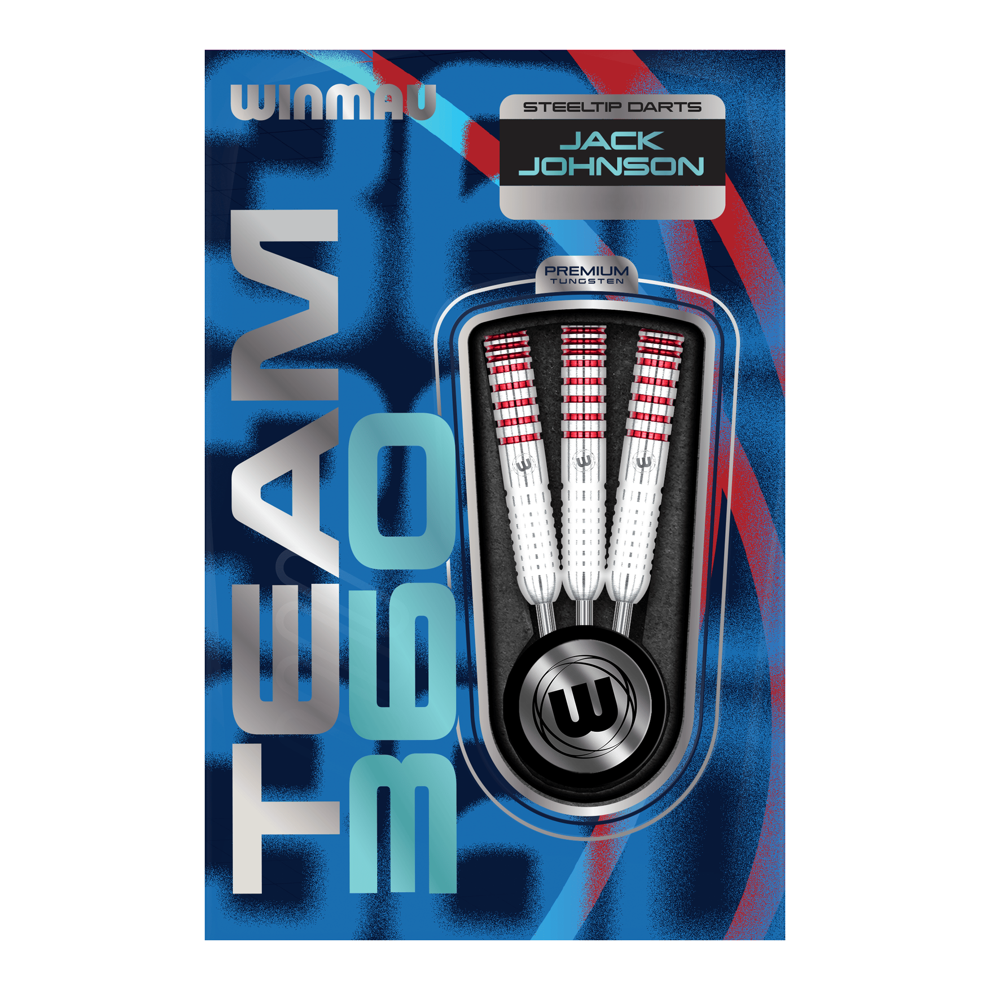 Abgebildet sind die Winmau Team 360 Jack Johnson Steeldarts mit 24 Gramm Gewicht. Die Darts zeichnen sich durch ihr markantes Design aus.