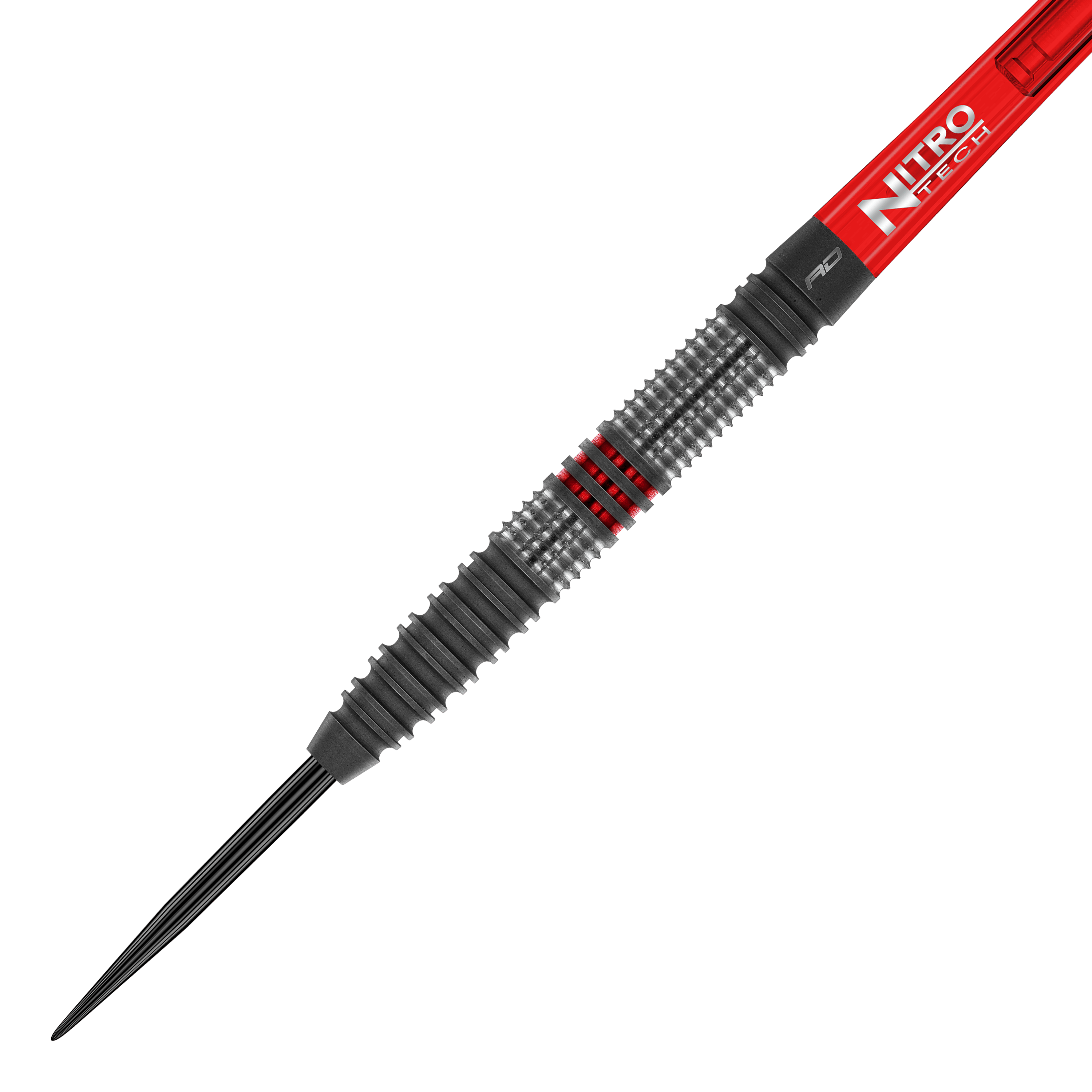 Red Dragon Jonny Clayton Hiraeth Steeldarts Das Bild zeigt einen Steeldart namens "Red Dragon Jonny Clayton Hiraeth". Der Dart hat ein geriffeltes Griffstück mit schwarzen und roten Akzenten sowie einen roten Schaft mit der Aufschrift "Nitro Tech".