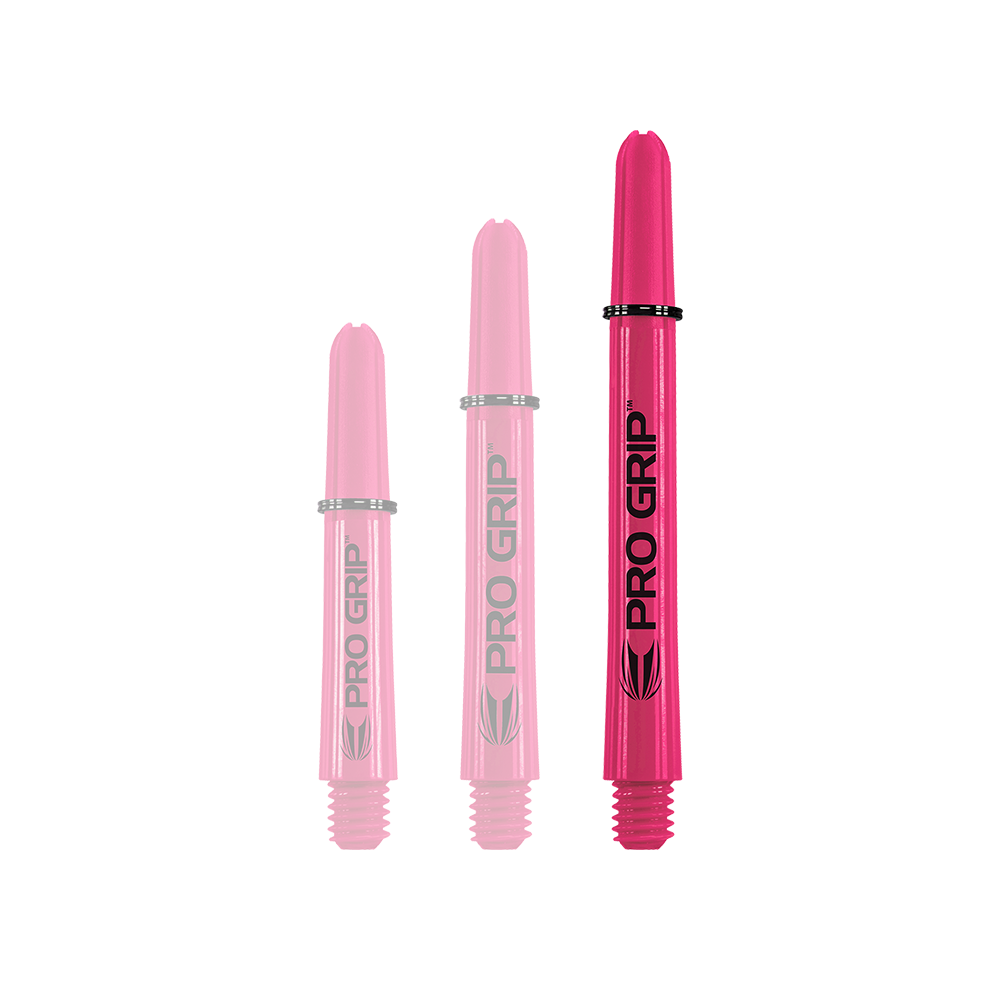 Das Bild zeigt drei pinke Pro Grip Shafts in verschiedenen Längen. Sie stehen nebeneinander und haben die Aufschrift "PRO GRIP".