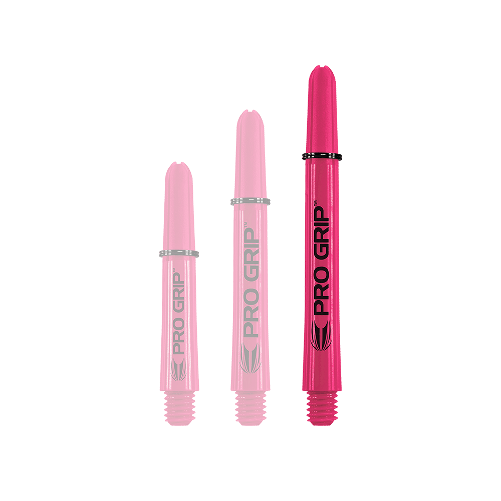 Target Pro Grip Shafts - 3 Sets - Pink Das Bild zeigt drei pinke Pro Grip Shafts in verschiedenen Längen. Sie stehen nebeneinander und haben die Aufschrift "PRO GRIP".