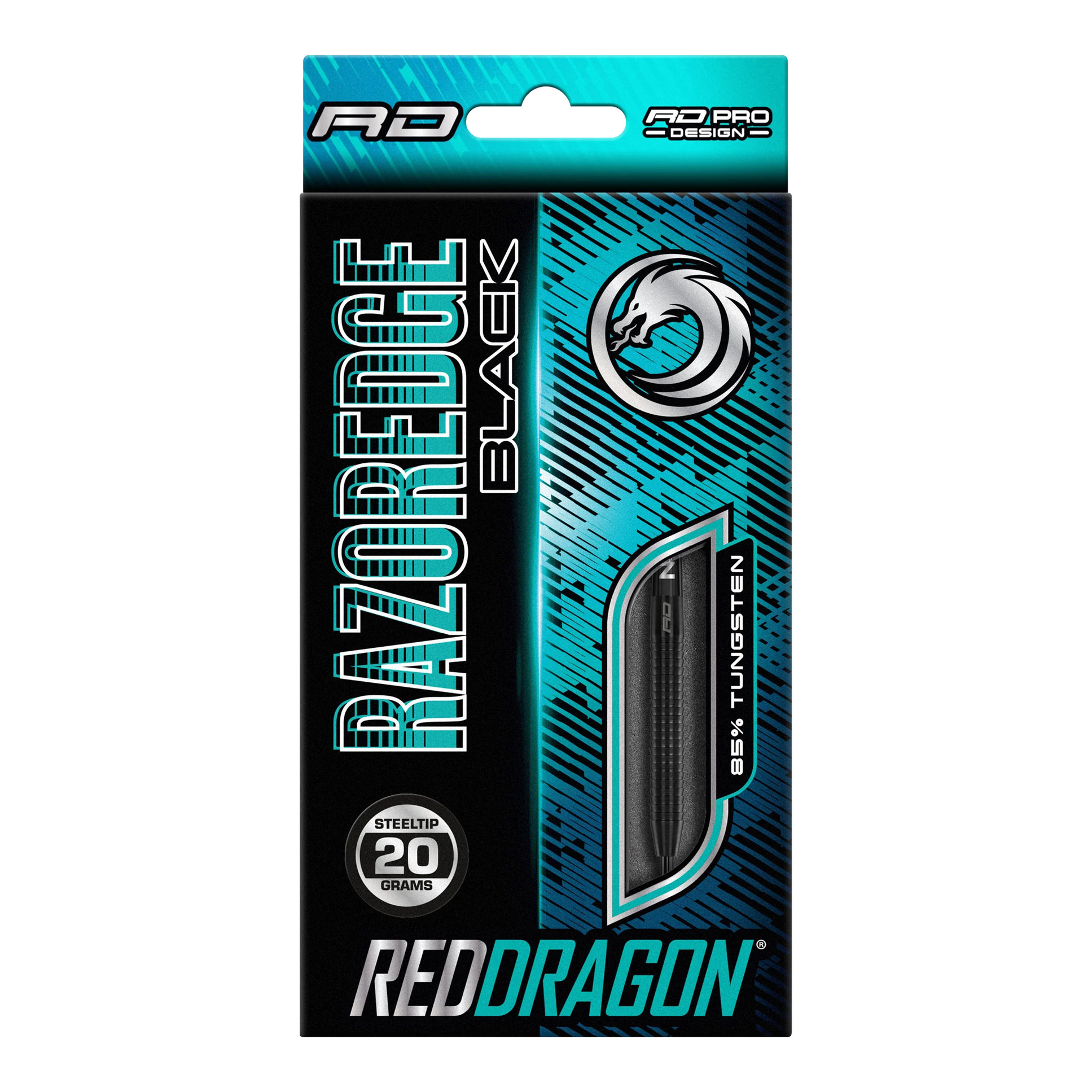 Red Dragon Razor Edge Black Steeldarts Auf dem Bild ist eine Verpackung von Red Dragon Razor Edge Black Steeldarts zu sehen. Die Darts wiegen 20 Gramm und bestehen zu 85 % aus Wolfram.