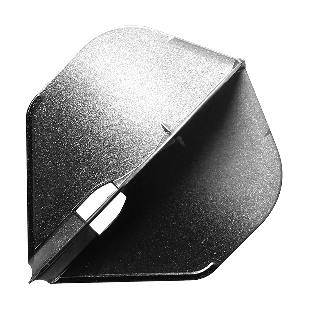 LSF575_L-Style_TwoTone_Silver_L1PRO_Flights_1 Dies ist ein silbernes Dartflight in L-Form mit einem zweifarbigen Design. Die Oberfläche sieht leicht glänzend und strukturiert aus.