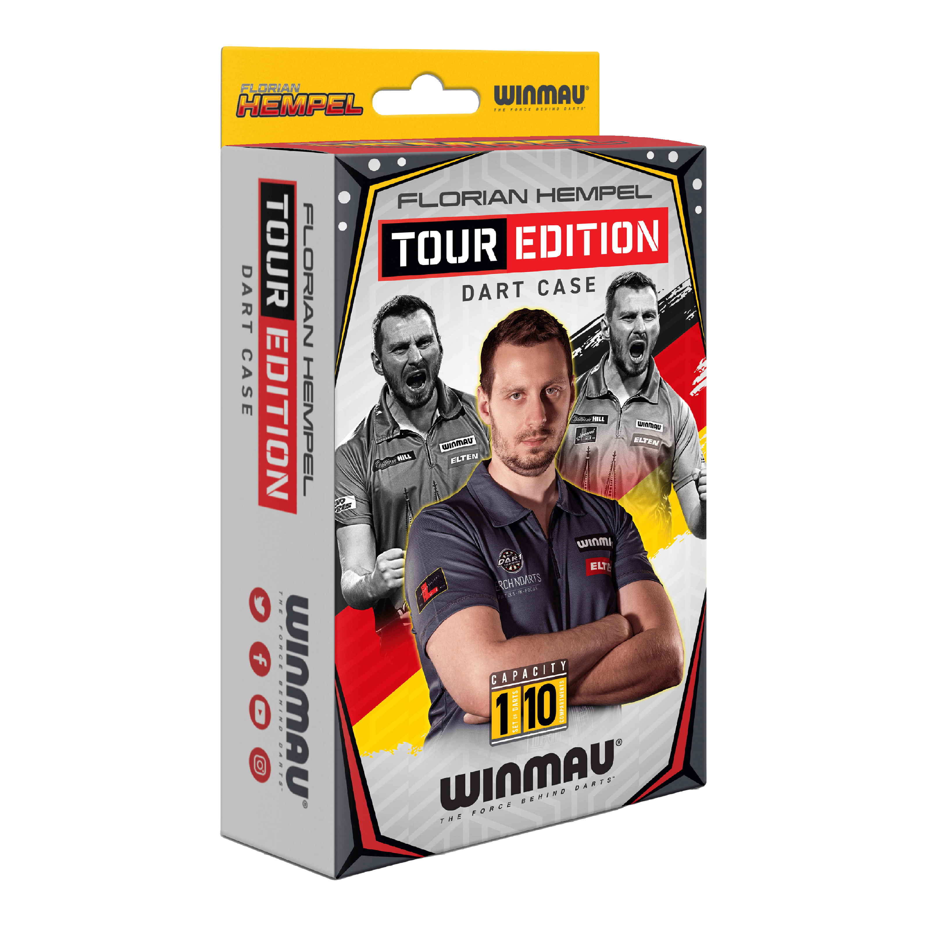 Winmau Florian Hempel Tour Edition Dartcase Die Verpackung zeigt das Produkt "Winmau Florian Hempel Tour Edition Dartcase". Auf der Vorderseite sind Bilder von Florian Hempel und der Hinweis auf eine Kapazität von 110 Darts abgebildet.