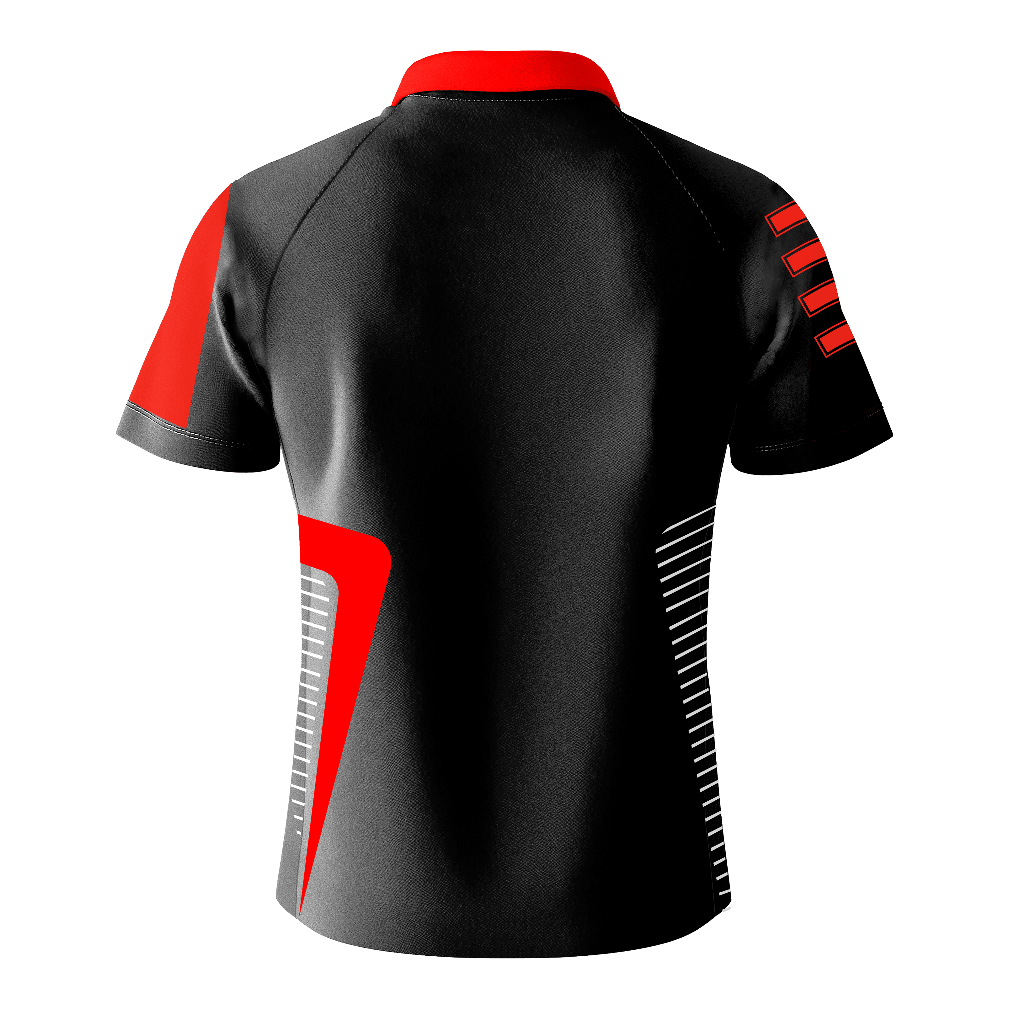 Das Bild zeigt das Bulls Team Dartshirt in Rot von hinten. Das Shirt ist hauptsächlich schwarz mit roten und weißen Designelementen auf den Ärmeln und an den Seiten.
