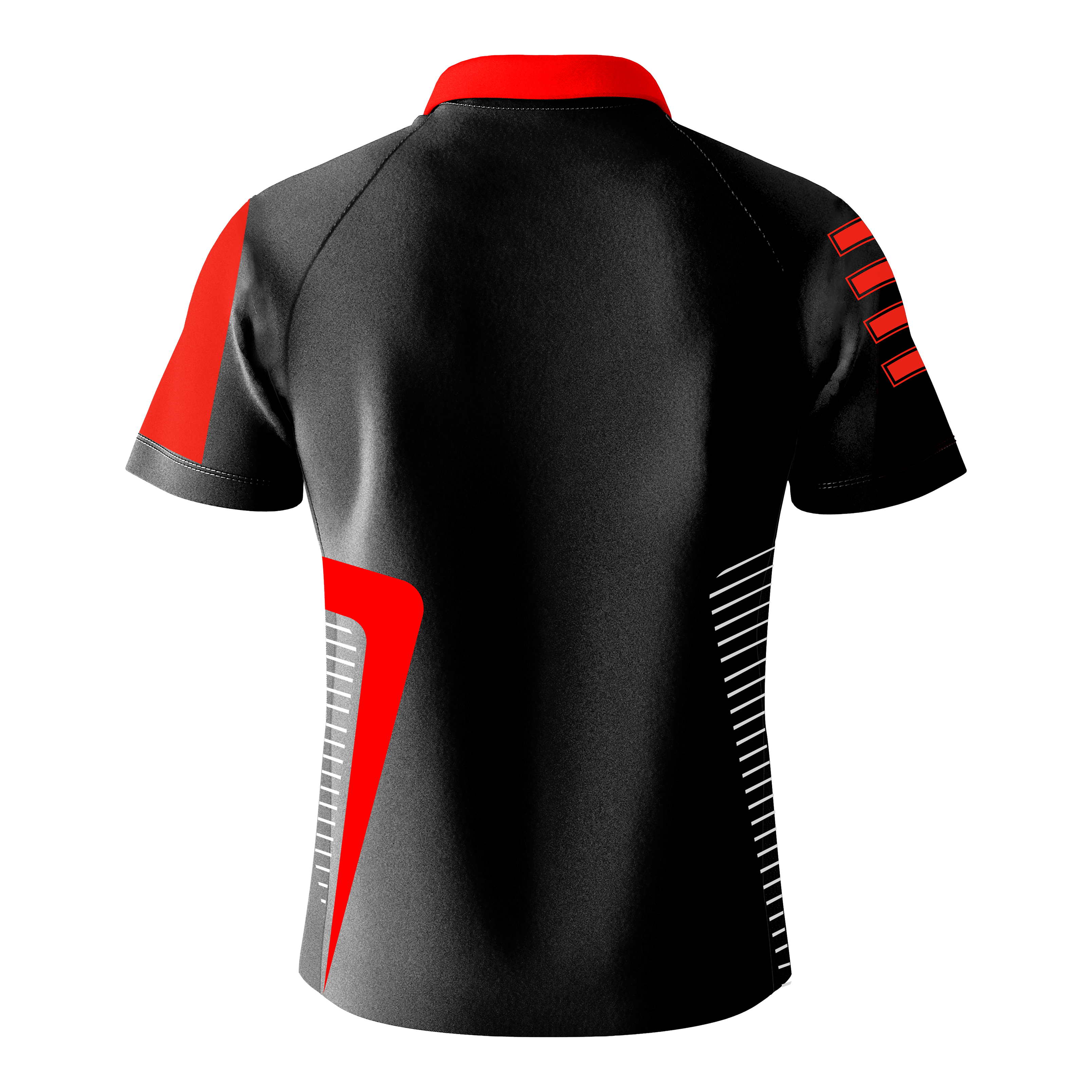 Bulls Team Dartshirt - Rot Das Bild zeigt das Bulls Team Dartshirt in Rot von hinten. Das Shirt ist hauptsächlich schwarz mit roten und weißen Designelementen auf den Ärmeln und an den Seiten.