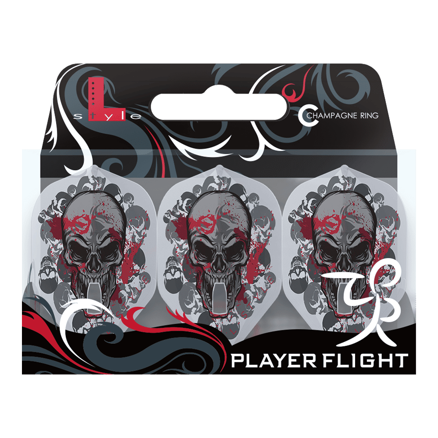 Das Bild zeigt eine Verpackung mit drei klar weißen Dartflights, die jeweils mit einem auffälligen Totenkopf-Design bedruckt sind. Die Verpackung trägt die Aufschrift "Player Flight" und gehört zur L-Style Signature-Serie von Ryan Searle.