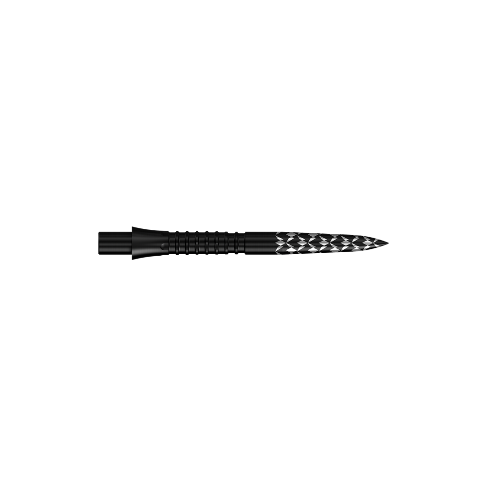 Schwarze Steeldartspitzen mit GV-Logo und einer Länge von 26 mm sind zu sehen. Das Bild zeigt das Produkt aus der Mission Caliburn EVO Serie.