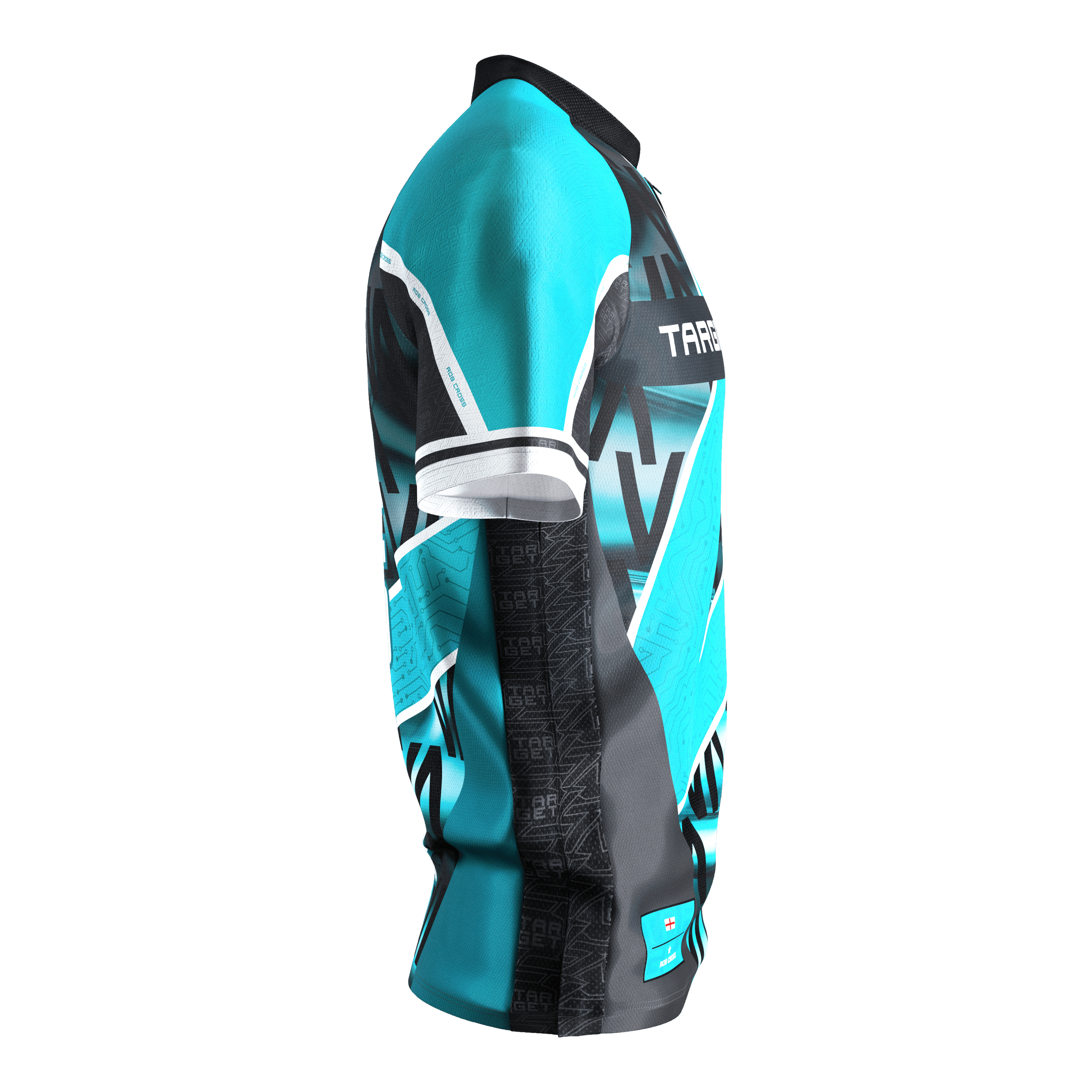 Target Coolplay Rob Cross 2025 Dartshirt Das Bild zeigt das "Target Coolplay Rob Cross 2025 Dartshirt" aus seitlicher Perspektive. Das Shirt ist hauptsächlich türkis und schwarz mit auffälligen grafischen Mustern und weißen Akzenten gestaltet.