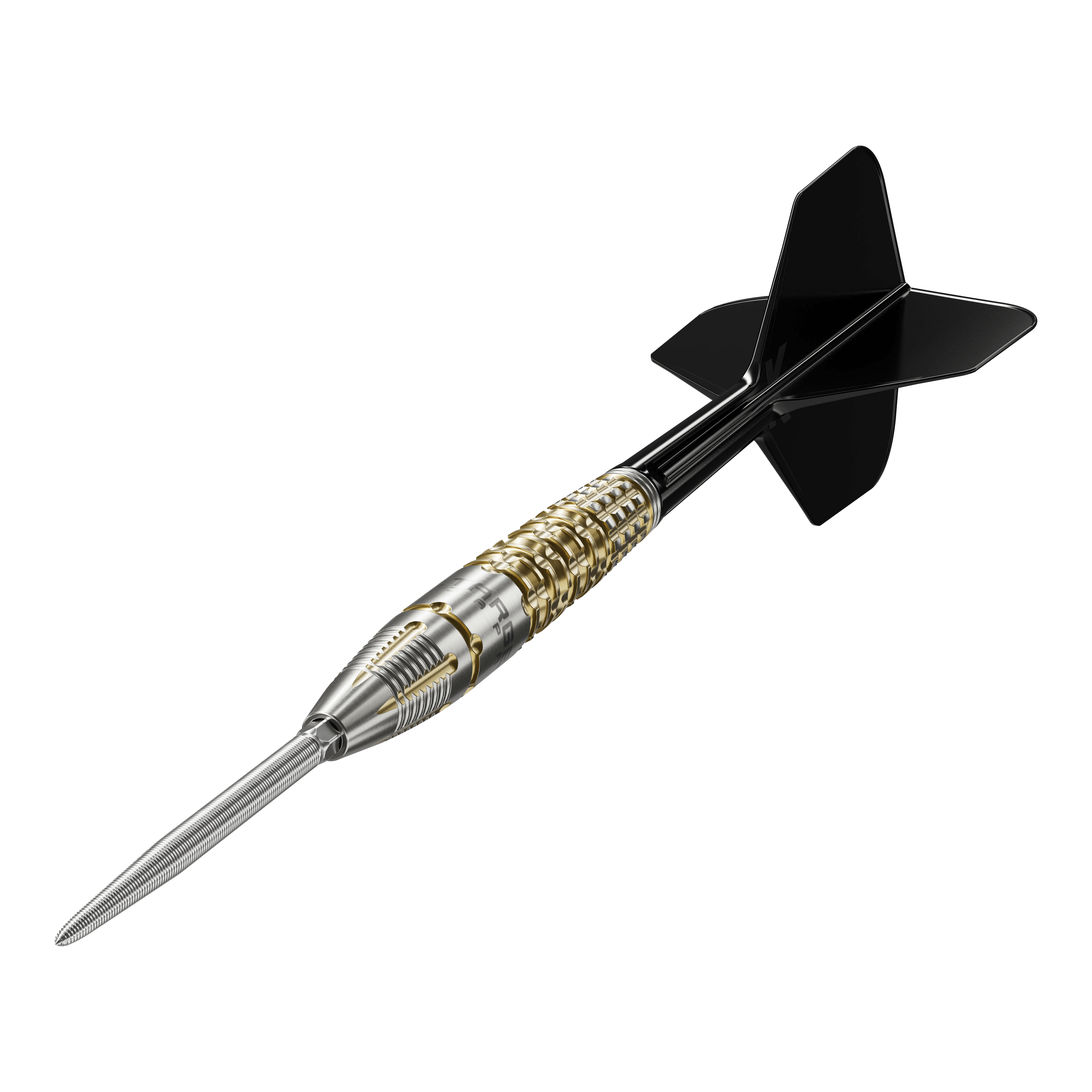 Target Black Marque Warrior Swiss Point Steeldarts Das Bild zeigt einen Target Black Marque Warrior Swiss Point Steeldart. Der Dart hat eine silberne Spitze, einen gold-silbernen Griff und schwarze Flights.