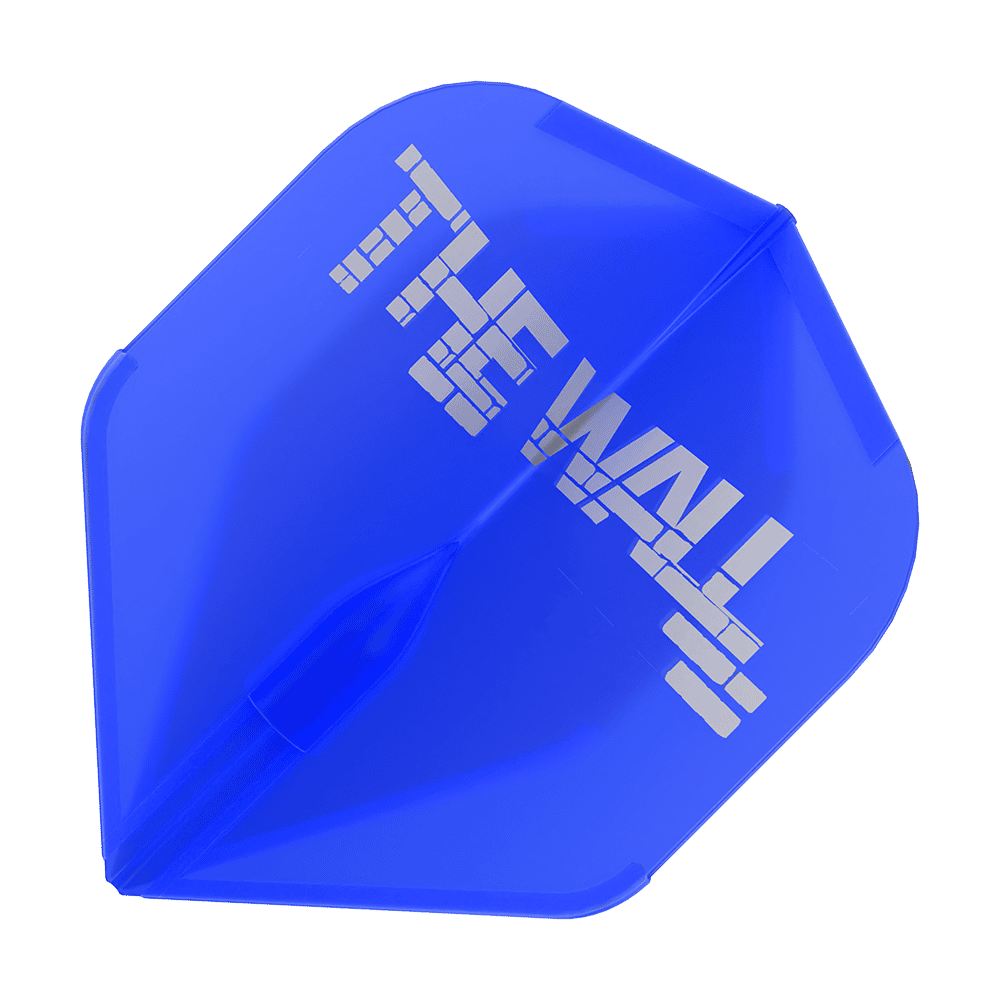 Dies ist ein blauer Dart-Flight mit der Aufschrift "THE WALL" in weißen Buchstaben. Das Produkt heißt L-Style Martin Schindler Blau L1EZ Flights.