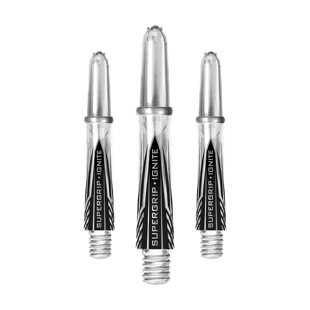 Das Bild zeigt drei klare Harrows Supergrip Ignite Shafts für Dartpfeile. Die Schäfte sind durchsichtig mit silbernen Spitzen und schwarzer Beschriftung.