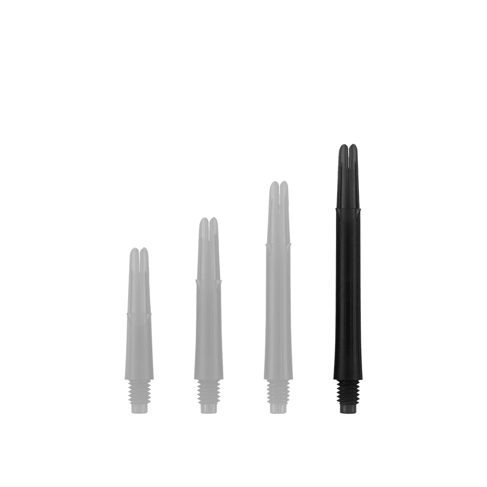 L-Style L-Shafts Locked Straight - Black 330 Auf dem Bild sind vier schwarze Dartschäfte in unterschiedlichen Längen zu sehen. Sie stehen nebeneinander aufrecht auf weißem Hintergrund.