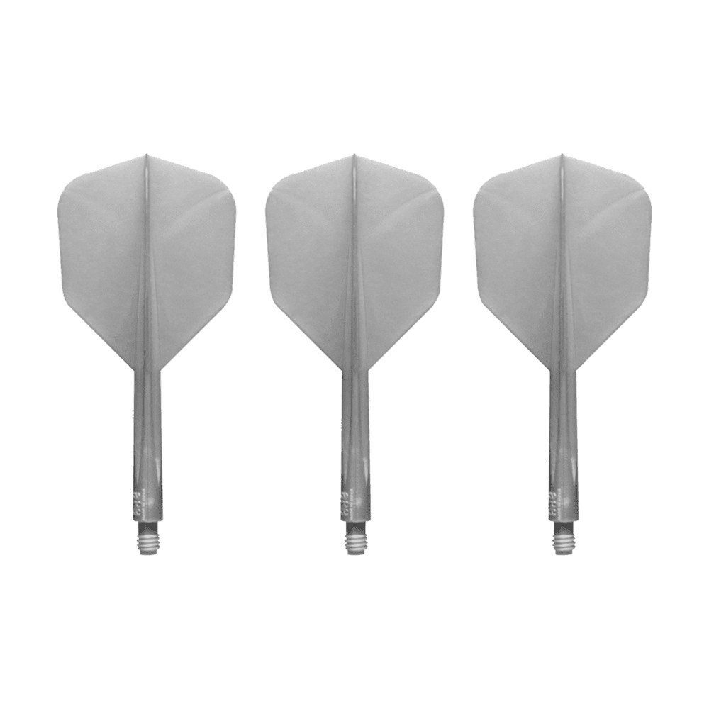 Das Bild zeigt drei silberne Dartflights mit Schäften der Marke Condor AXE Metallic Flight-System Pearl Silver in der Größe Small. Die Flights sind nebeneinander auf weißem Hintergrund angeordnet.