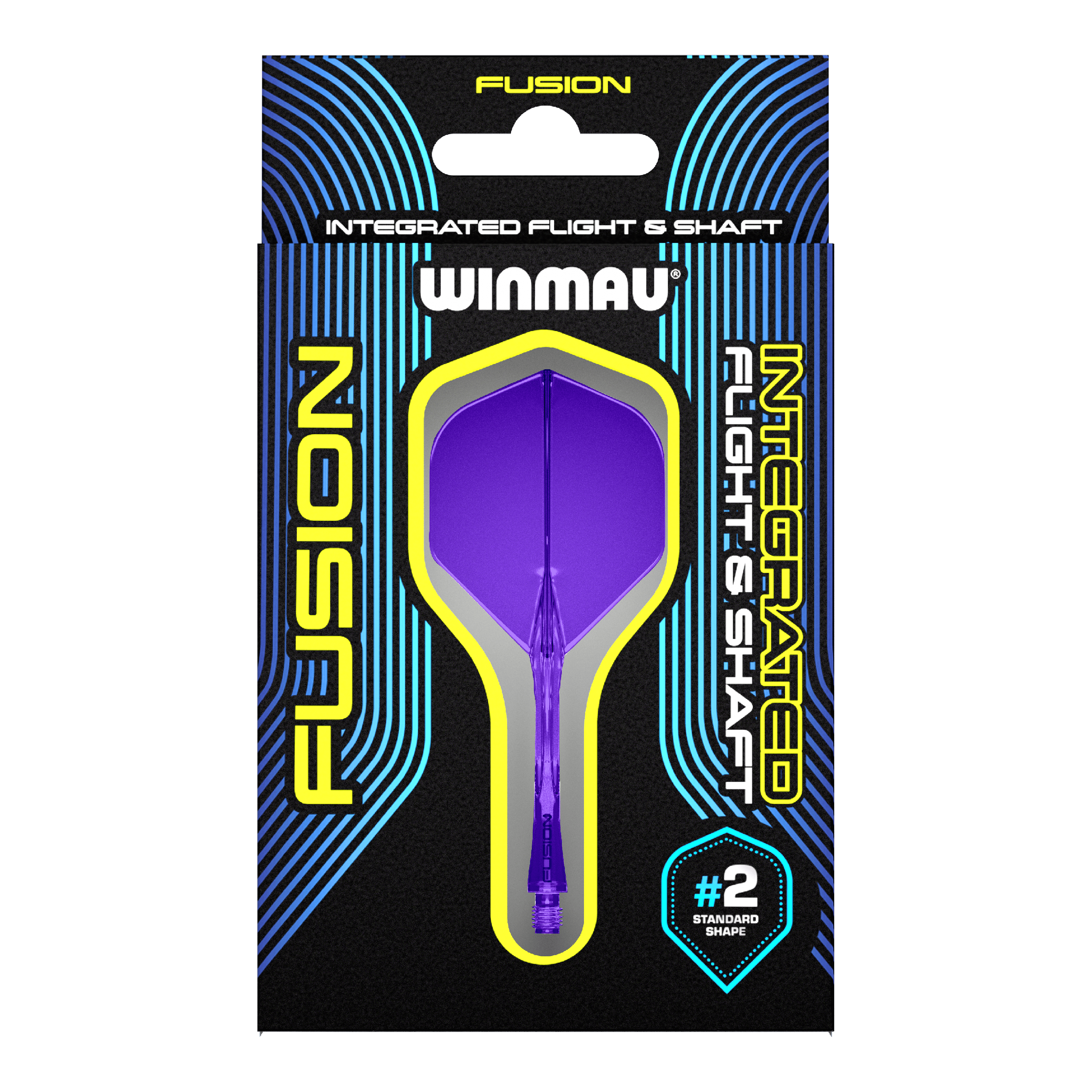 Winmau Fusion Flight-Shaft-System Standard Lila Auf dem Bild ist eine Verpackung mit einem lila Dart-Flug- und Schaftsystem der Marke Winmau zu sehen. Die Verpackung trägt die Aufschrift "Fusion Integrated Flight & Shaft" und hebt die Standardform #2 hervor.