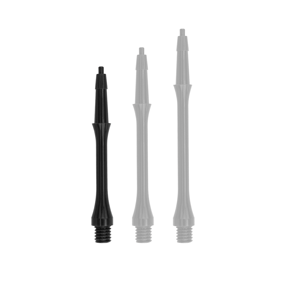 Das Bild zeigt drei schwarze Harrows Clic Slim Shafts für Dartpfeile. Sie sind in verschiedenen Längen angeordnet und haben ein schlankes Design.