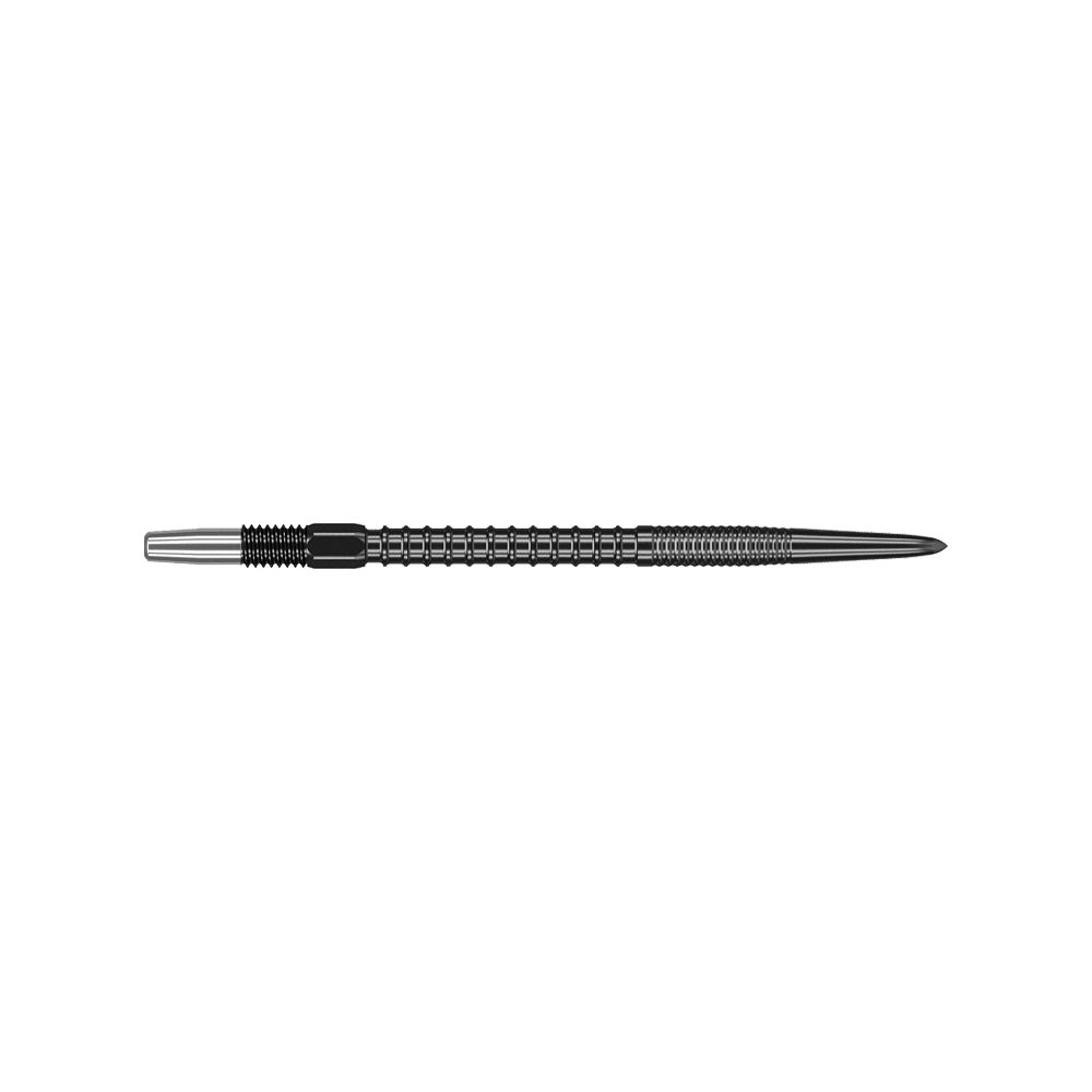 Target Swiss Firepoint Black Dartspitzen Das Bild zeigt eine schwarze Dartspitze mit geriffeltem Griff. Sie ist schmal und hat eine spitze Metallspitze.
