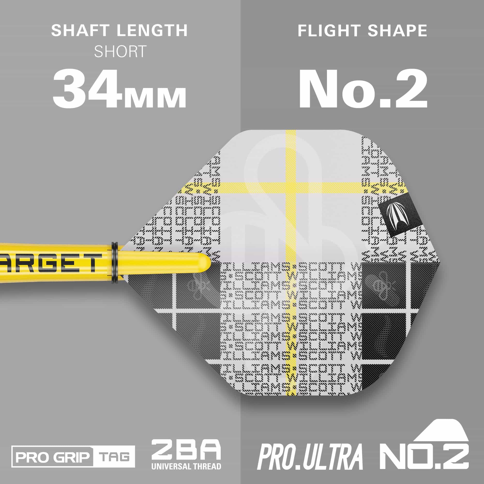 Das Bild zeigt das Produkt "Target Scott Williams GEN2 Softdarts - 18g" mit einem kurzen Schaft von 34 mm. Die Flight-Form ist No. 2 und das Design ist in Gelb, Weiß und Schwarz gehalten.
