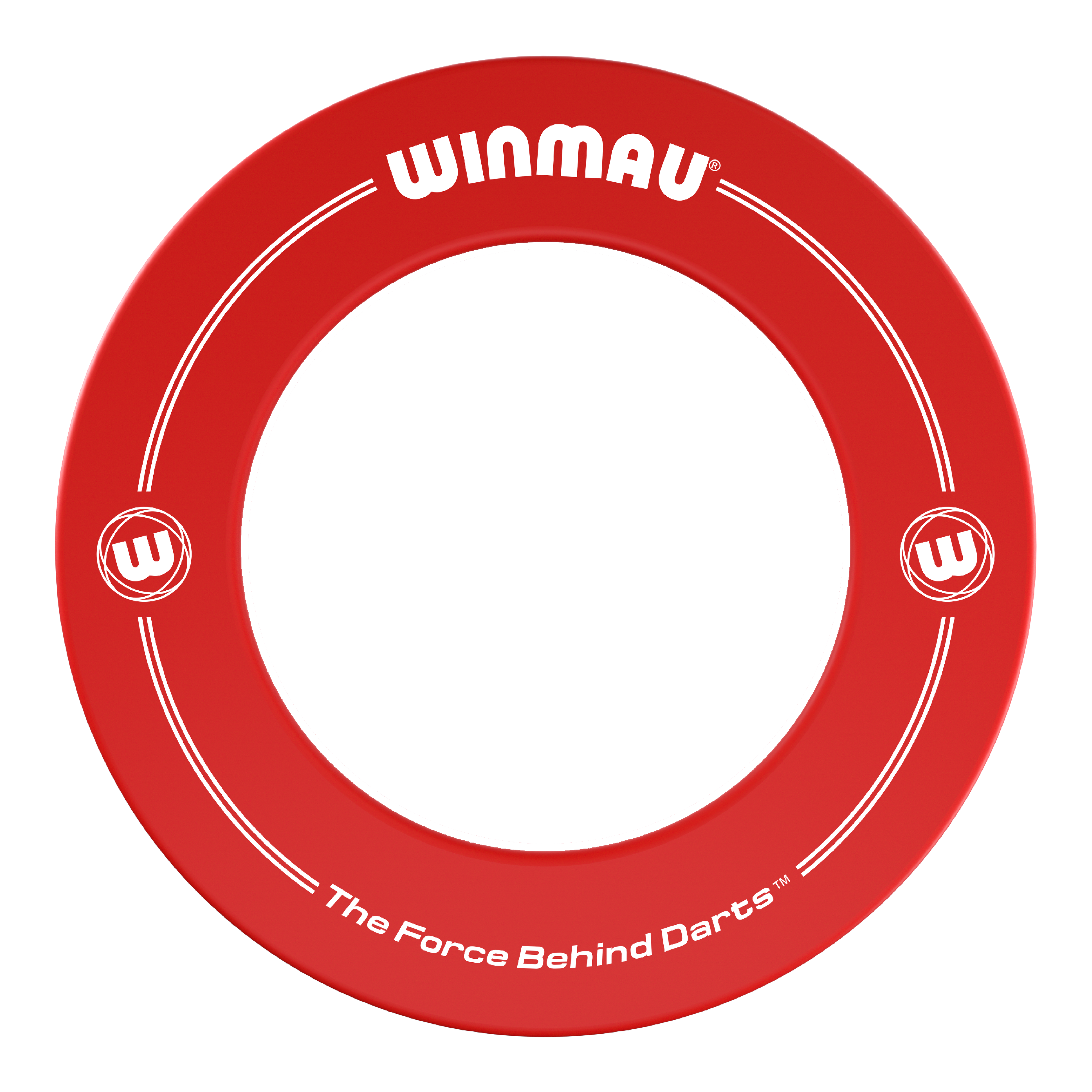 Winmau Dartboard Surround Das Bild zeigt einen roten Dartboard-Surround-Ring der Marke Winmau. Auf dem Ring steht der Slogan „The Force Behind Darts™“.