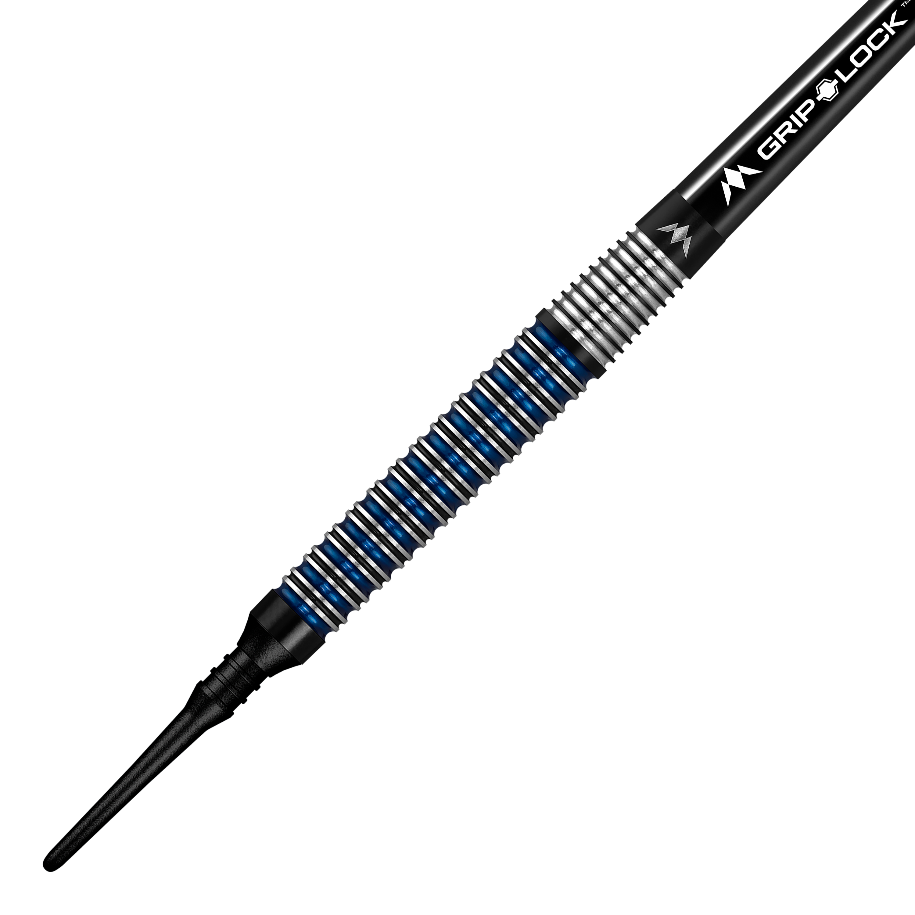 Mission Nightfall Model 2 Softdarts - 19g Das Bild zeigt einen Mission Nightfall Model 3 Softdart mit einem Gewicht von 20g. Der Dart hat einen silbernen Schaft mit blauen Akzenten und einem schwarzen Softtip.