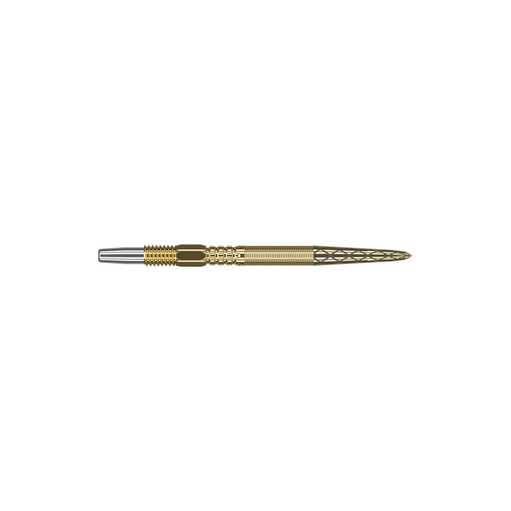 Dies ist eine goldene Dartspitze mit feinen Rillen und Mustern. Sie hat eine schlanke Form und eine silberne Spitze vorne.