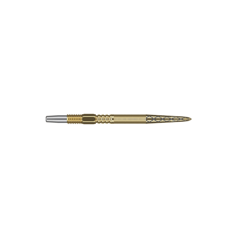340049_Target_Swiss_Point_DX_Gold_Dartspitzen_26mm_2 Dies ist eine goldene Dartspitze mit feinen Rillen und Mustern. Sie hat eine schlanke Form und eine silberne Spitze vorne.