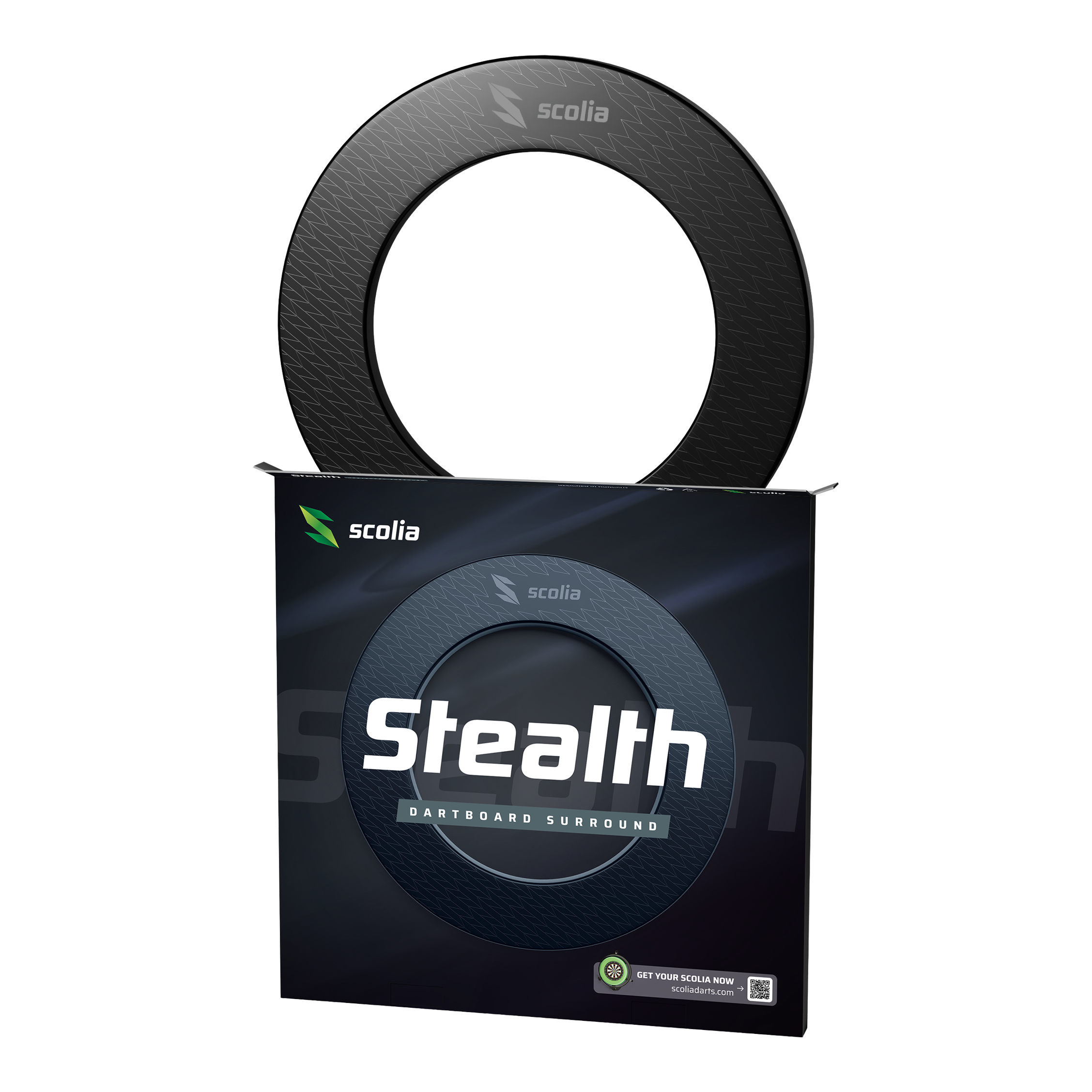 Scolia Stealth Dartboard Surround Das Bild stellt das Scolia Stealth Dartboard Surround dar. Es schützt die Umgebung und rahmt die Dartscheibe stilvoll ein.
