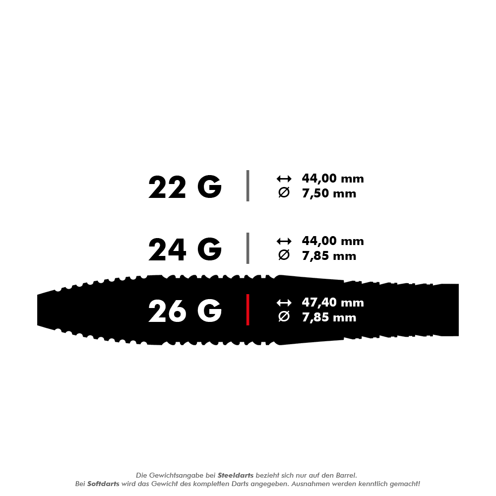 Target Bolide Void 05 Swiss Point Steeldarts Das Bild zeigt drei verschiedene Gewichtsklassen von Steeldarts: 22 g, 24 g und 26 g. Jede Klasse enthält Angaben zur Länge und zum Durchmesser des Barrels.
