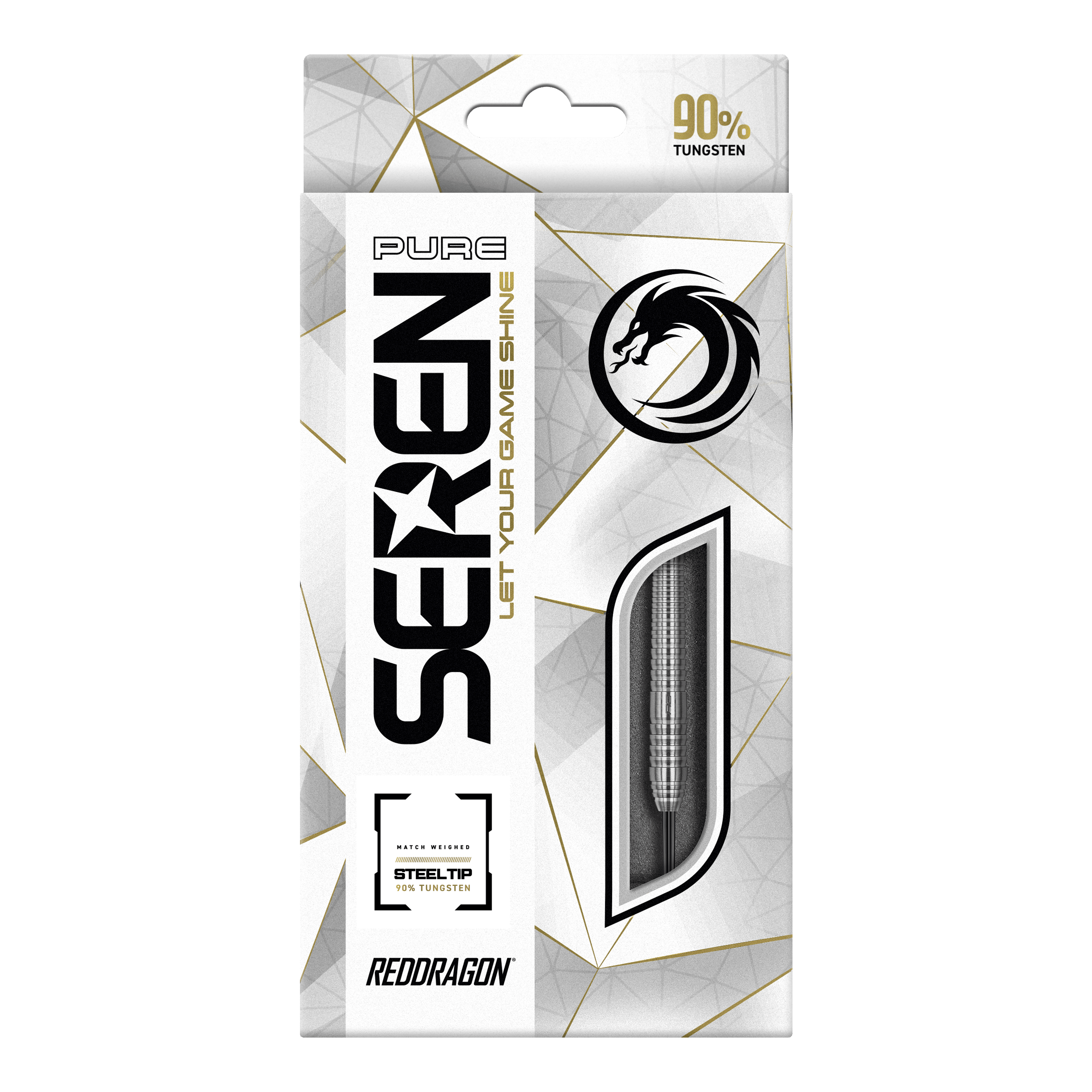 Red Dragon Seren 2 Pure Steeldarts Die Abbildung zeigt die Verpackung der "Red Dragon Seren 2 Pure Steeldarts". Auf der Verpackung steht, dass die Darts aus 90% Tungsten bestehen.