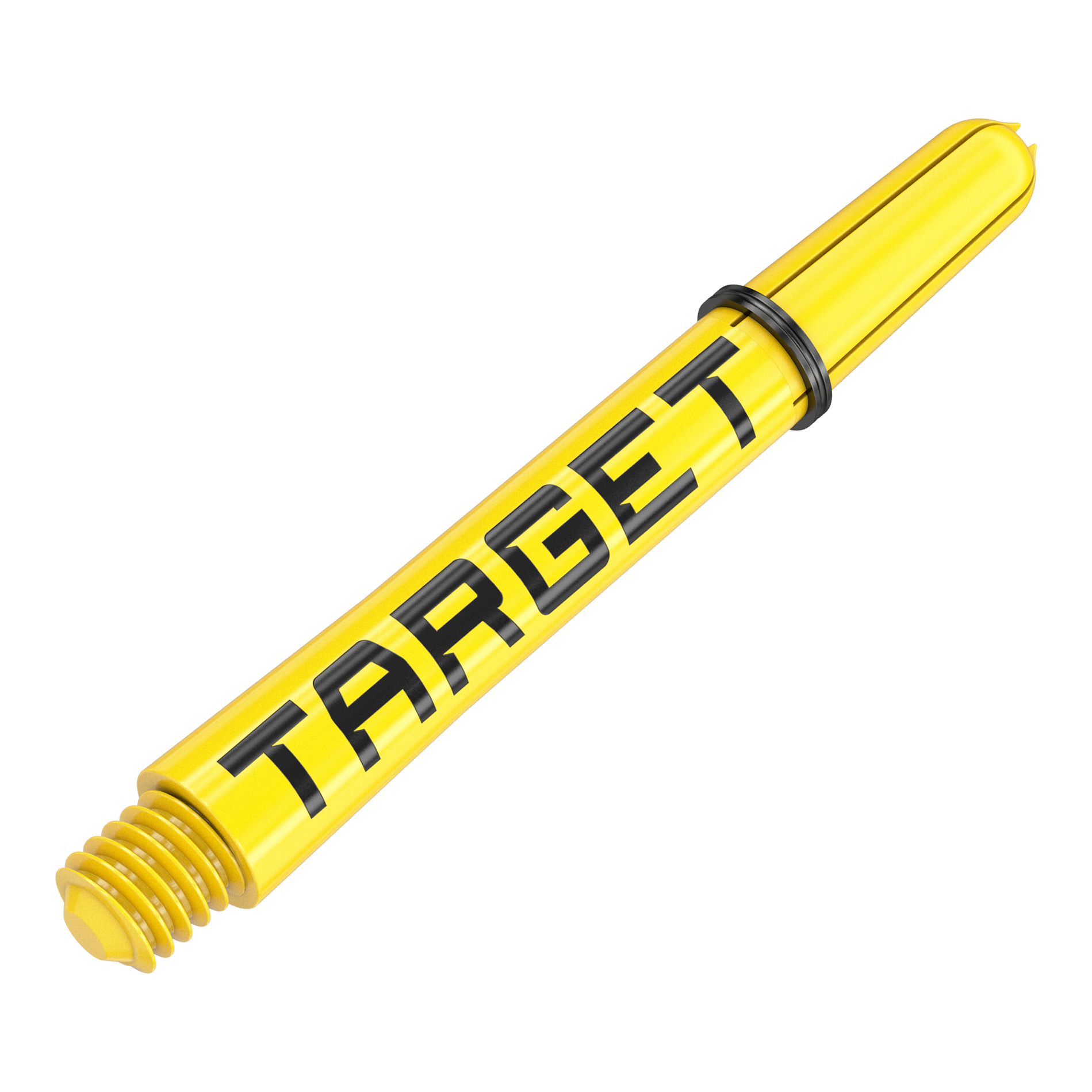 Target Pro Grip TAG Shafts - 3 Sets - Gelb Dies ist ein gelber Dart-Schaft mit dem Schriftzug "TARGET". Der Schaft hat ein schwarzes Gummiband und ein Schraubgewinde am Ende.