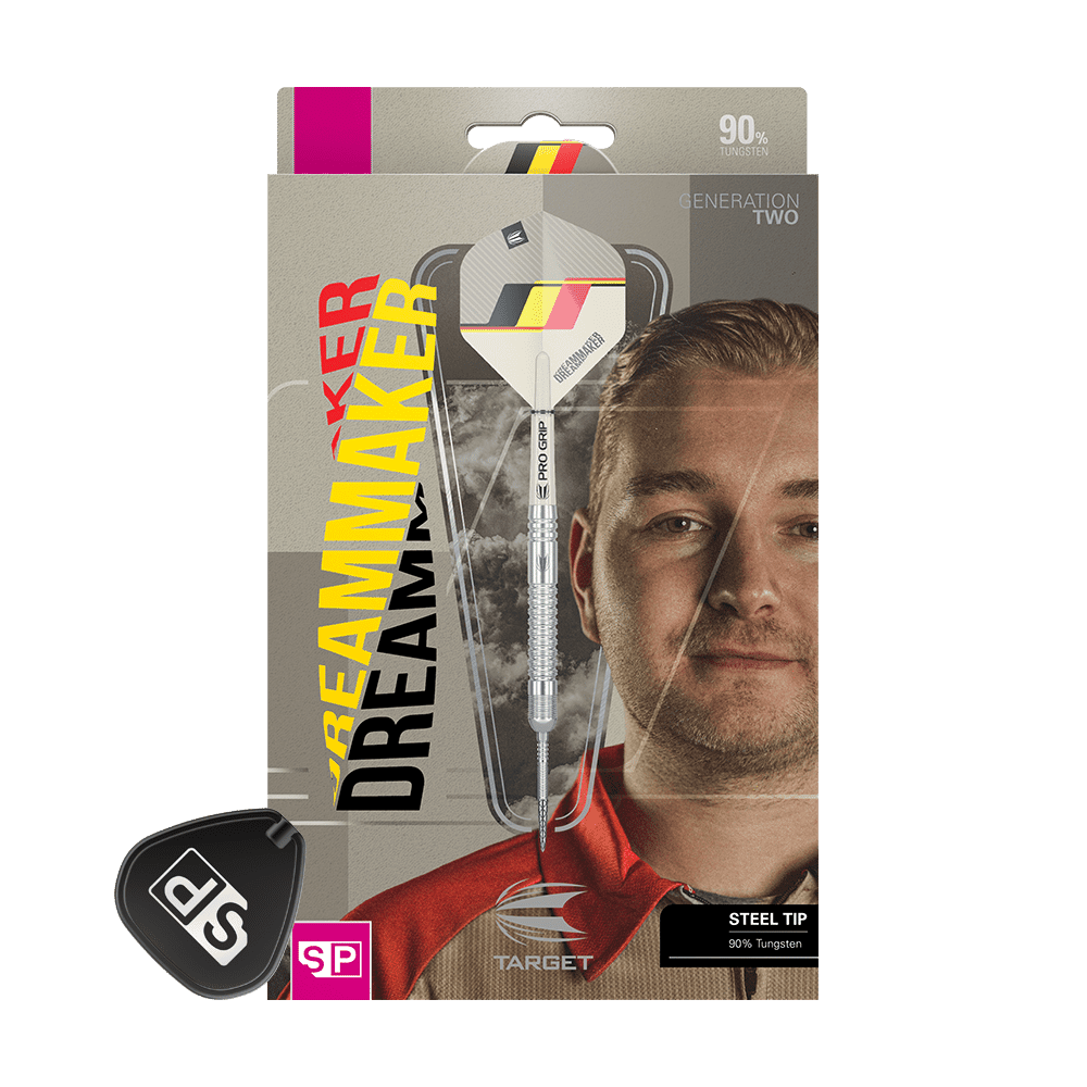 Auf dem Bild ist eine Verpackung für Steeldarts der Marke Target zu sehen. Auf der Verpackung steht groß „DREAMMAKER“, und ein Dartpfeil mit Stahlspitze ist zu erkennen.