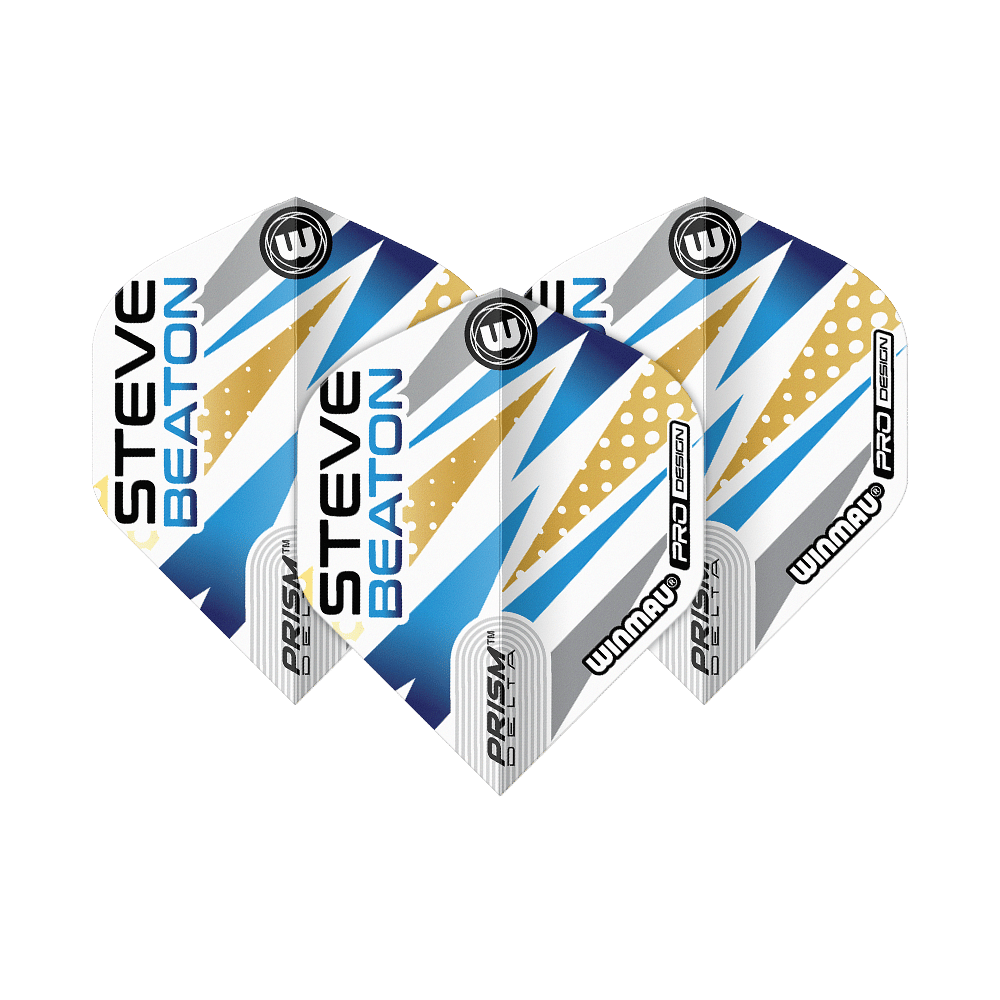 Das Bild zeigt drei Dart-Flights mit dem Design „Winmau Prism Delta Steve Beaton No2 Standard“. Die Flights sind in Weiß, Blau, Gold und Grau gehalten und tragen den Namen „Steve Beaton“.