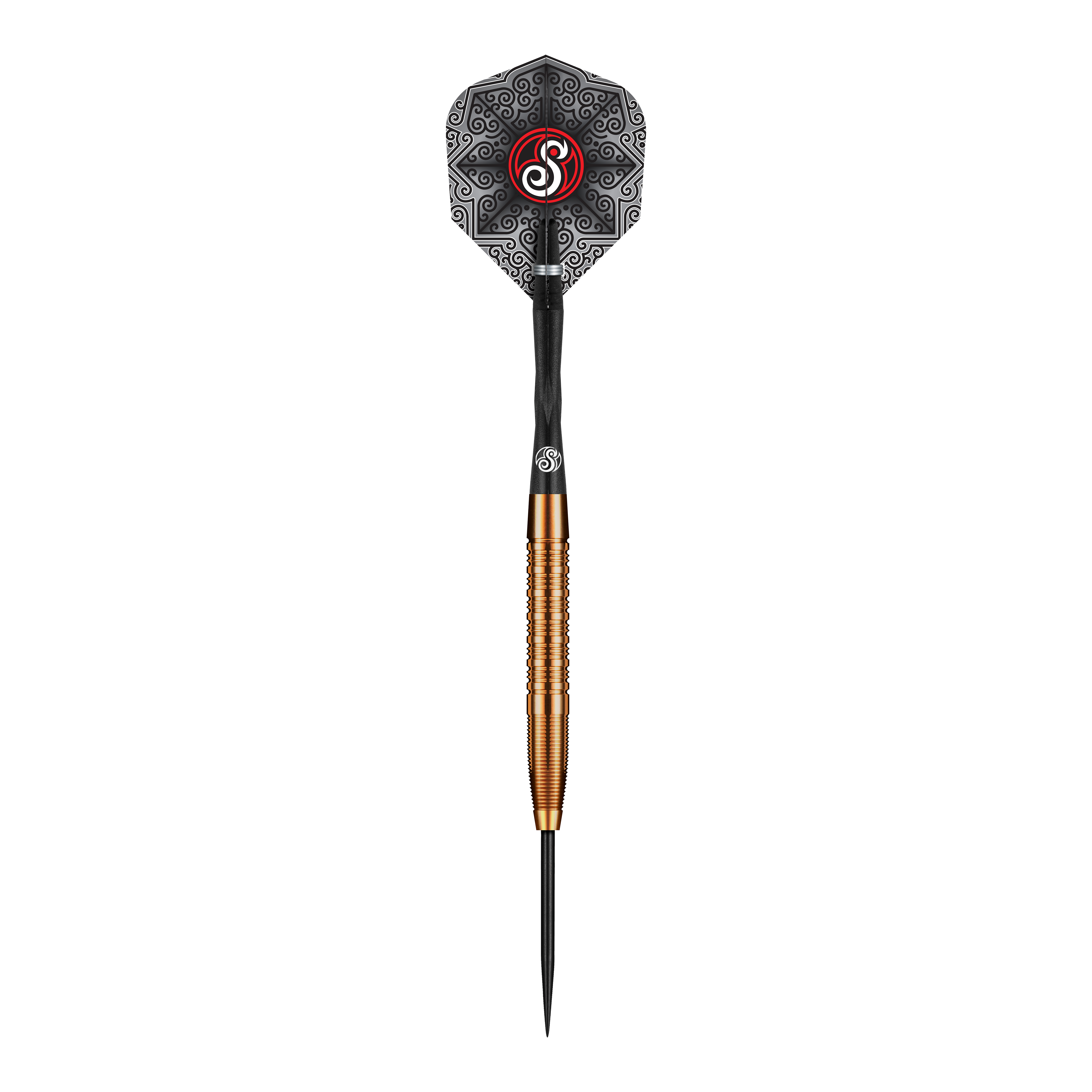 Das Bild zeigt den Shot Pro Series Jake Womack Steeldart mit einem Gewicht von 23 Gramm. Der Dart hat ein auffälliges schwarzes Flight-Design und einen goldfarbenen, gerillten Barrel.