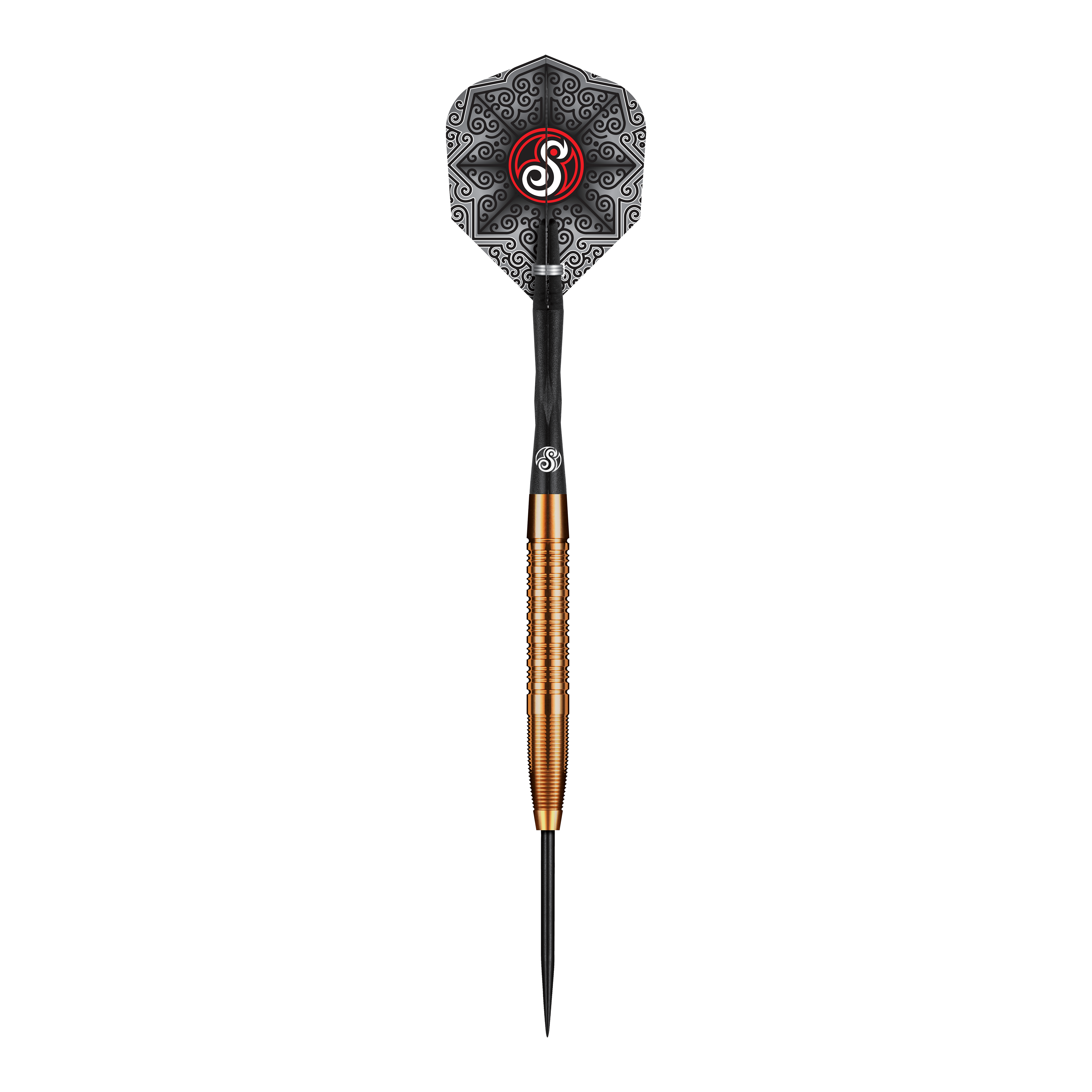 Shot Pro Series Jake Womack Steeldarts - 23g Das Bild zeigt den Shot Pro Series Jake Womack Steeldart mit einem Gewicht von 23 Gramm. Der Dart hat ein auffälliges schwarzes Flight-Design und einen goldfarbenen, gerillten Barrel.