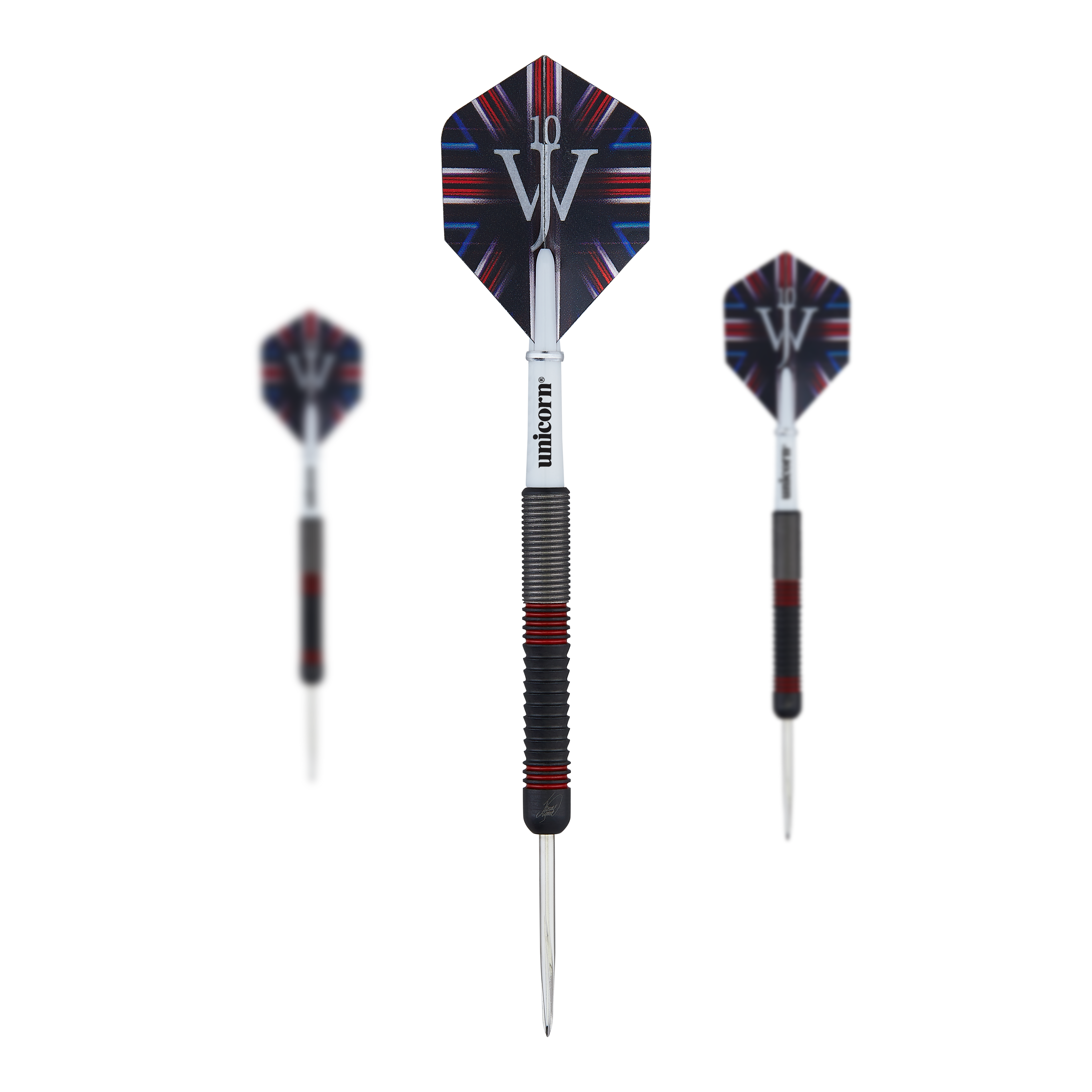 Unicorn The Machine James Wade 80% Steeldarts Das Bild zeigt drei Steeldarts des Produkts "Unicorn The Machine James Wade 80%". Die Darts haben schwarze und rote Details sowie Flights mit einem auffälligen Design und dem Schriftzug "JW".