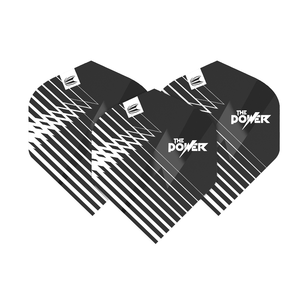 TG94_336740_Target_ProUltra_Phil_Taylor_Black_No2_Standard_Flights_1MbPNbgePHeGfQ Das Bild zeigt drei schwarze Dartflights mit weißen, diagonalen Linien. Auf den Flights steht "The Power" in weißer Schrift.