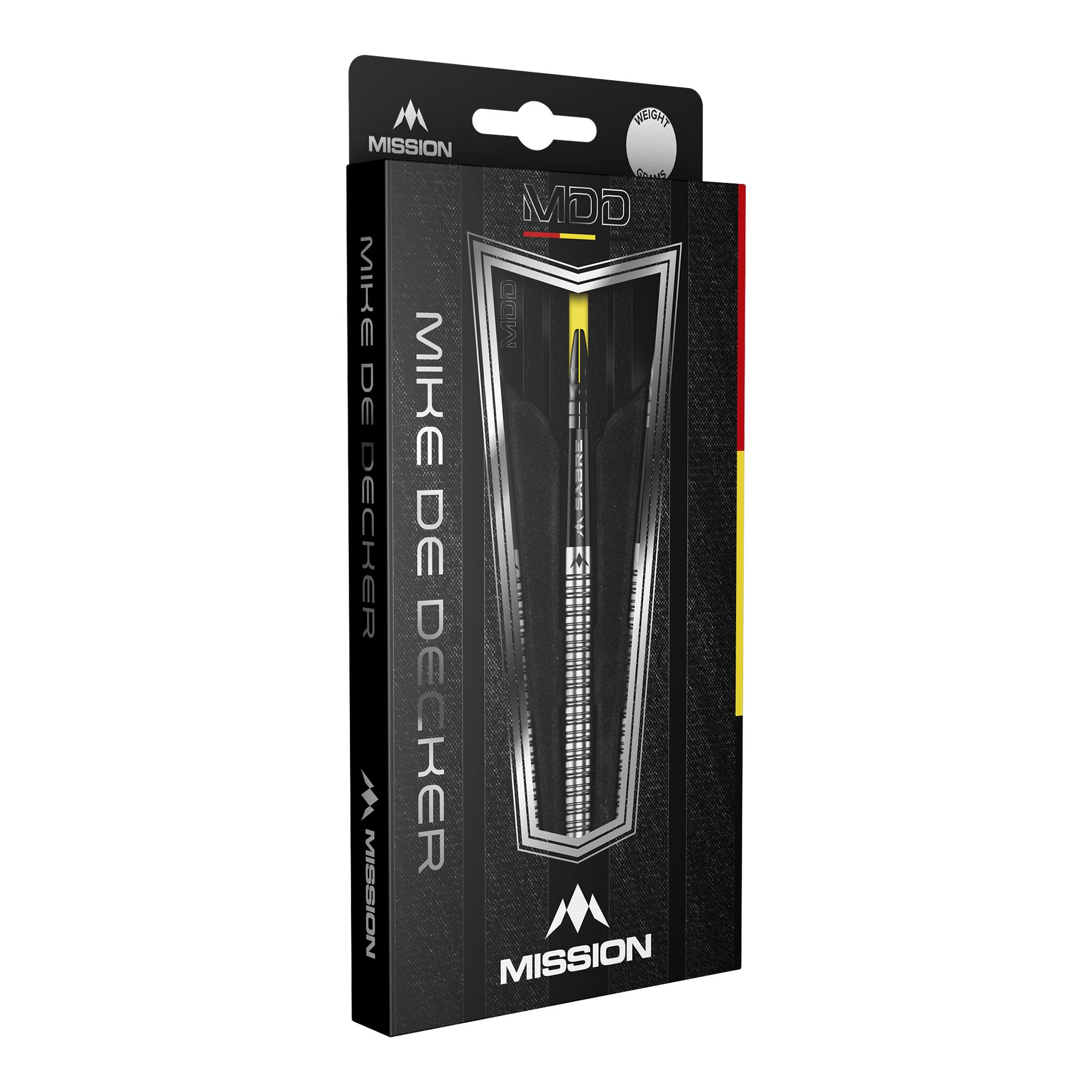 Die Abbildung zeigt die Verpackung der "Mission Mike De Decker MDD Silver Steeldarts". Auf der Schachtel sind der Markenname Mission und der Name Mike De Decker deutlich zu erkennen.