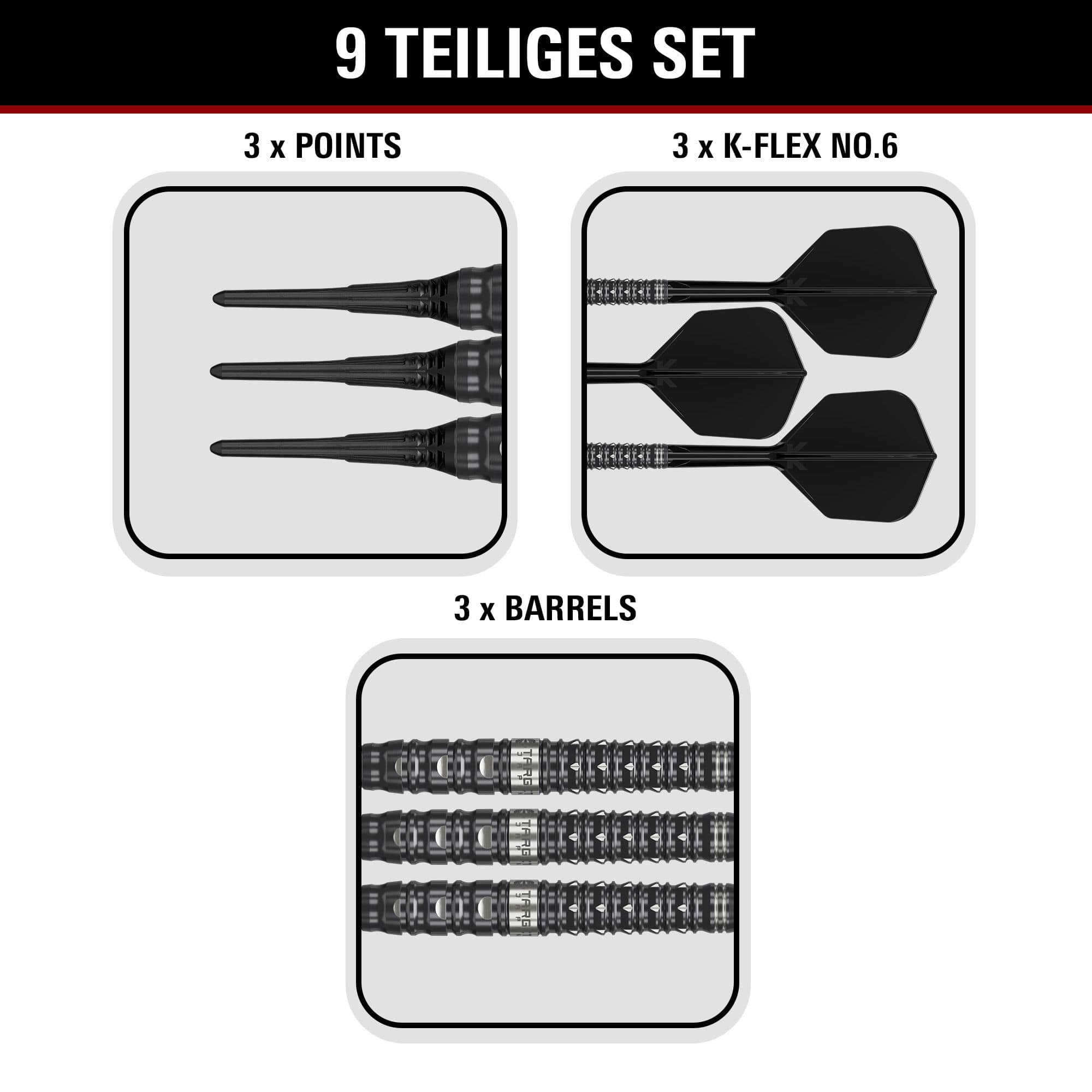 Target Black Marque Eclipse Softdarts - 21g Target Black Marque Eclipse Softdarts mit 21g-Gewicht werden dargestellt. Das Produkt zeichnet sich durch ein elegantes schwarzes Design aus.